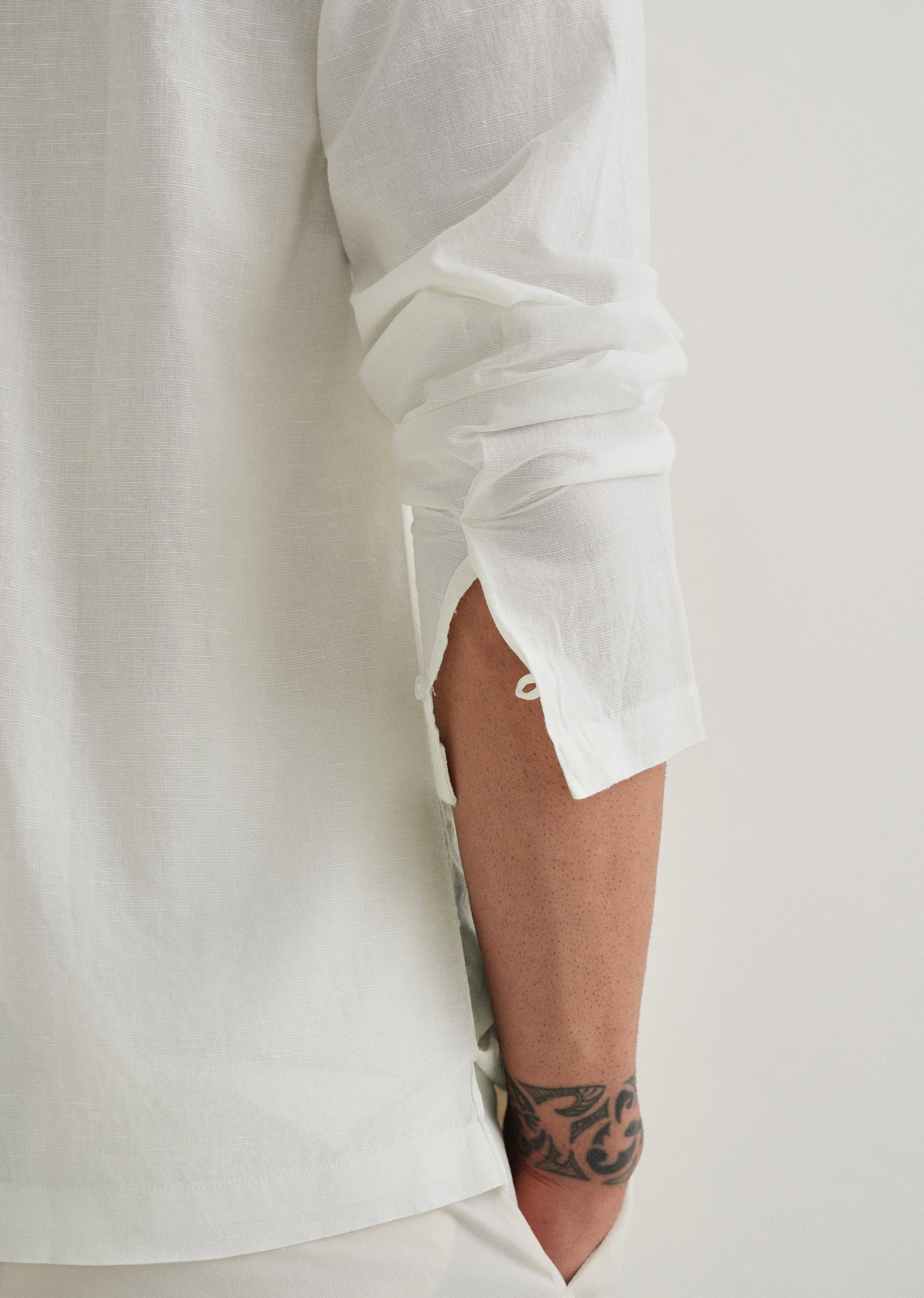 White Hidden Sleeve Placket Cotton Linen Shirt