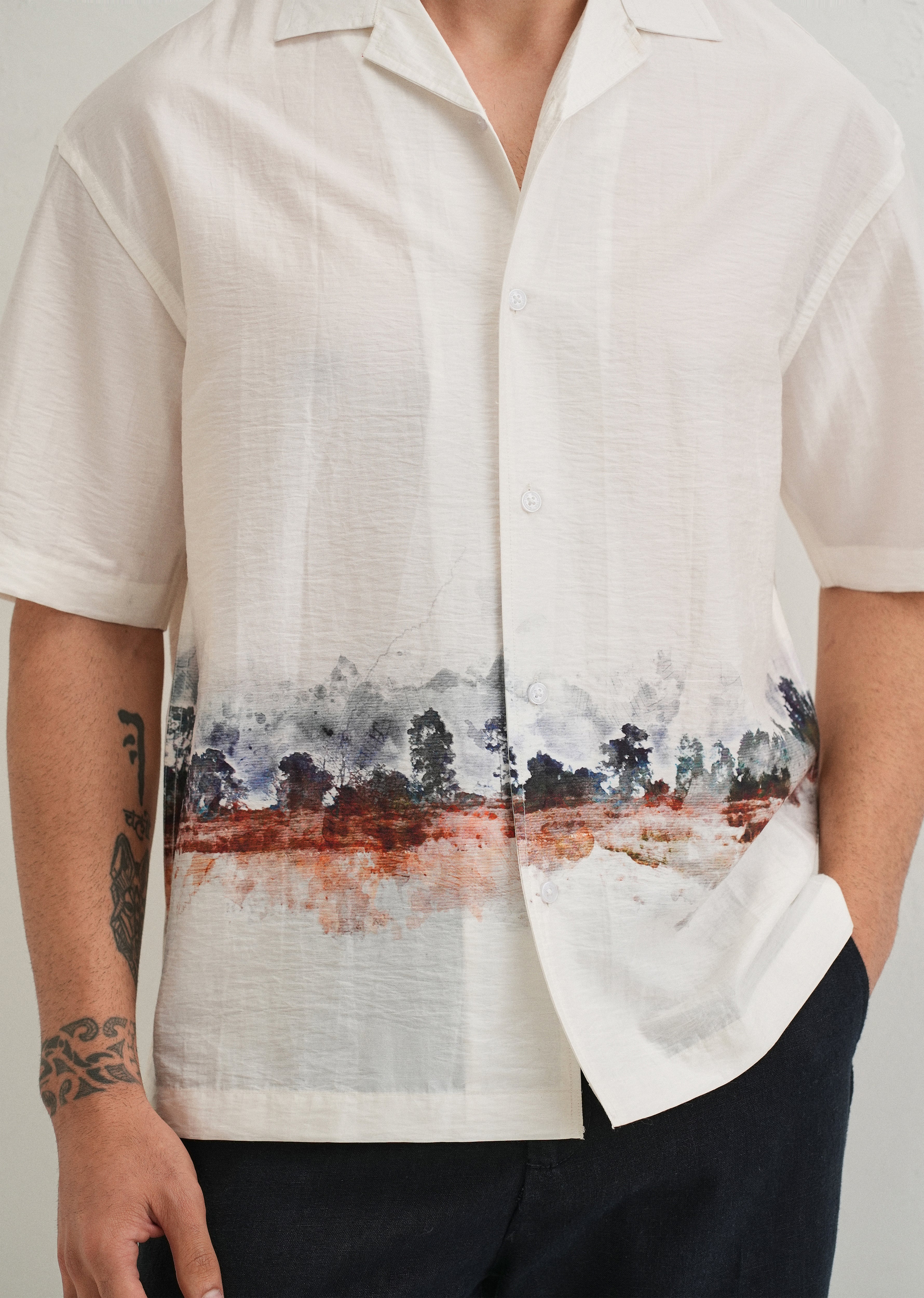 White Ink Wash Placement Print Shirt