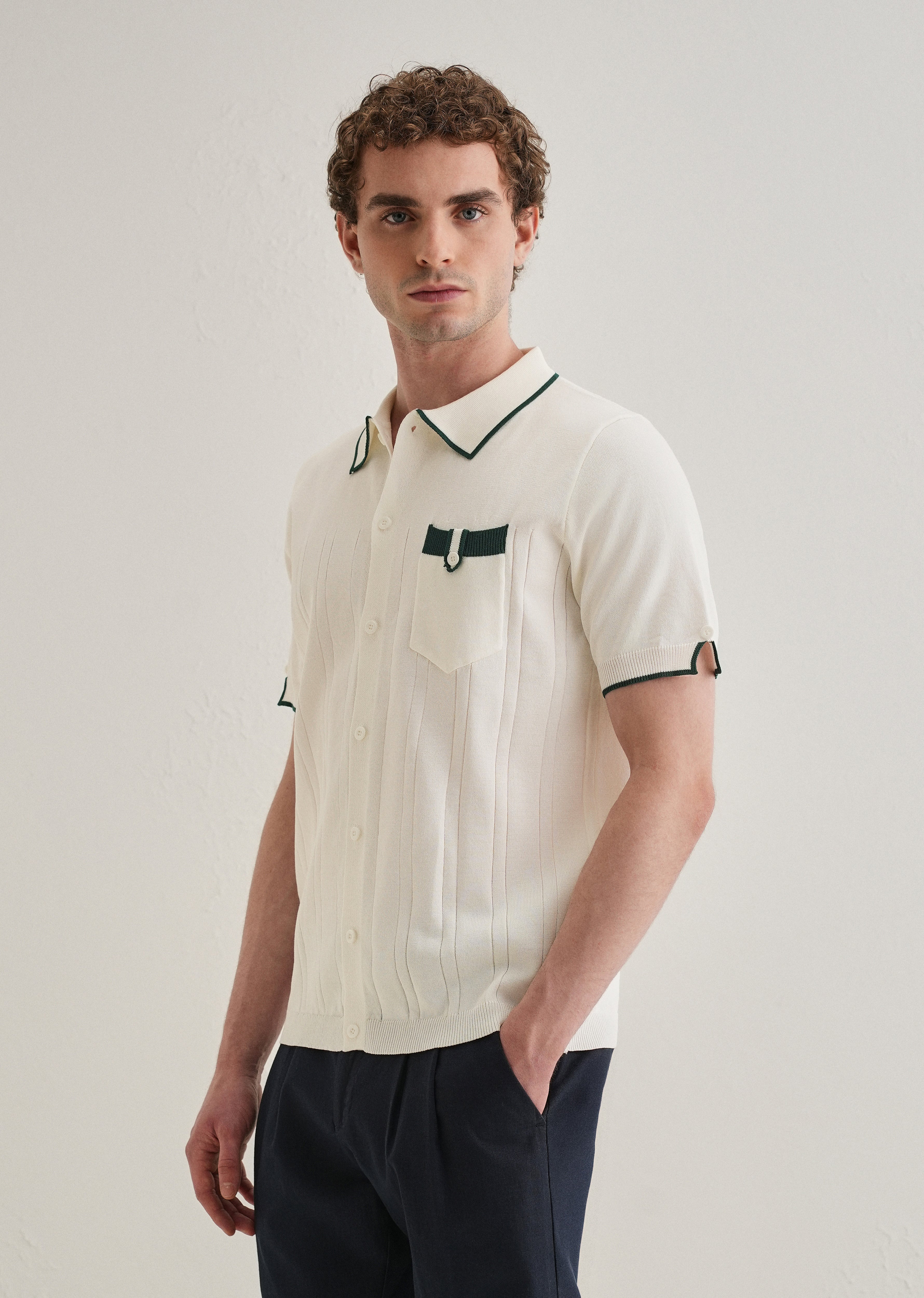 White Knitted Notch Sleeve Shirt