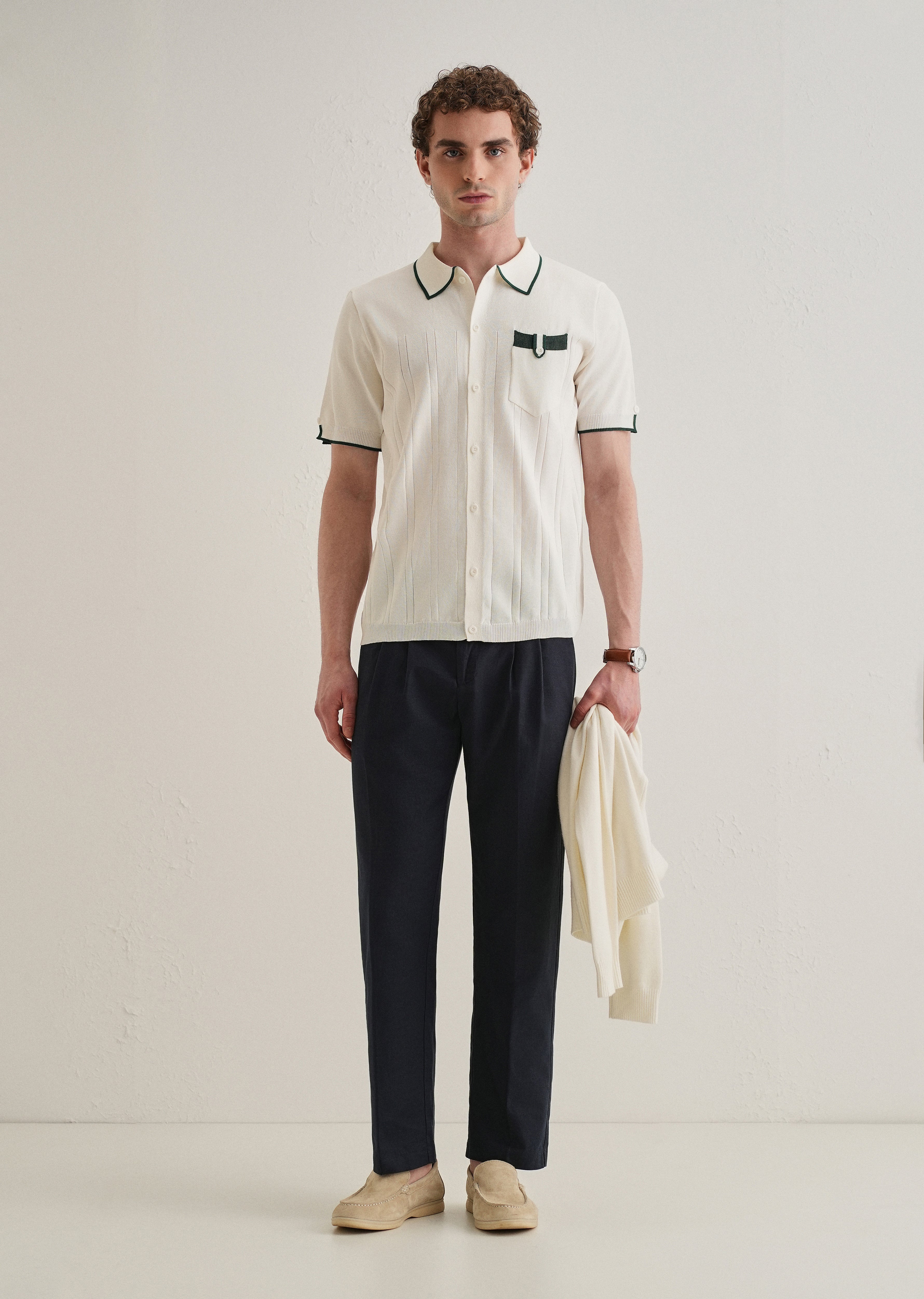 White Knitted Notch Sleeve Shirt