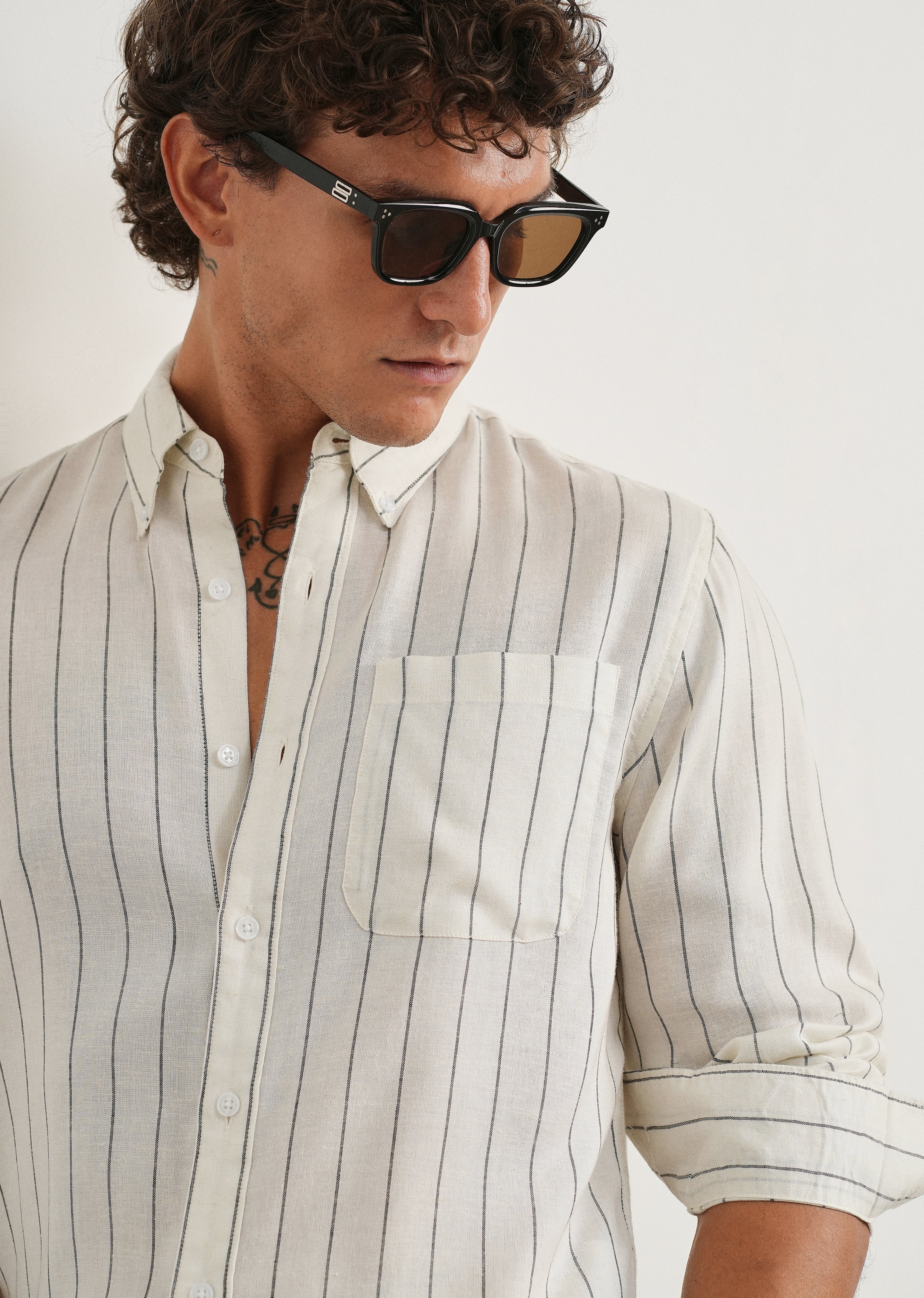 White Lyocell Linen Stripe Shirt