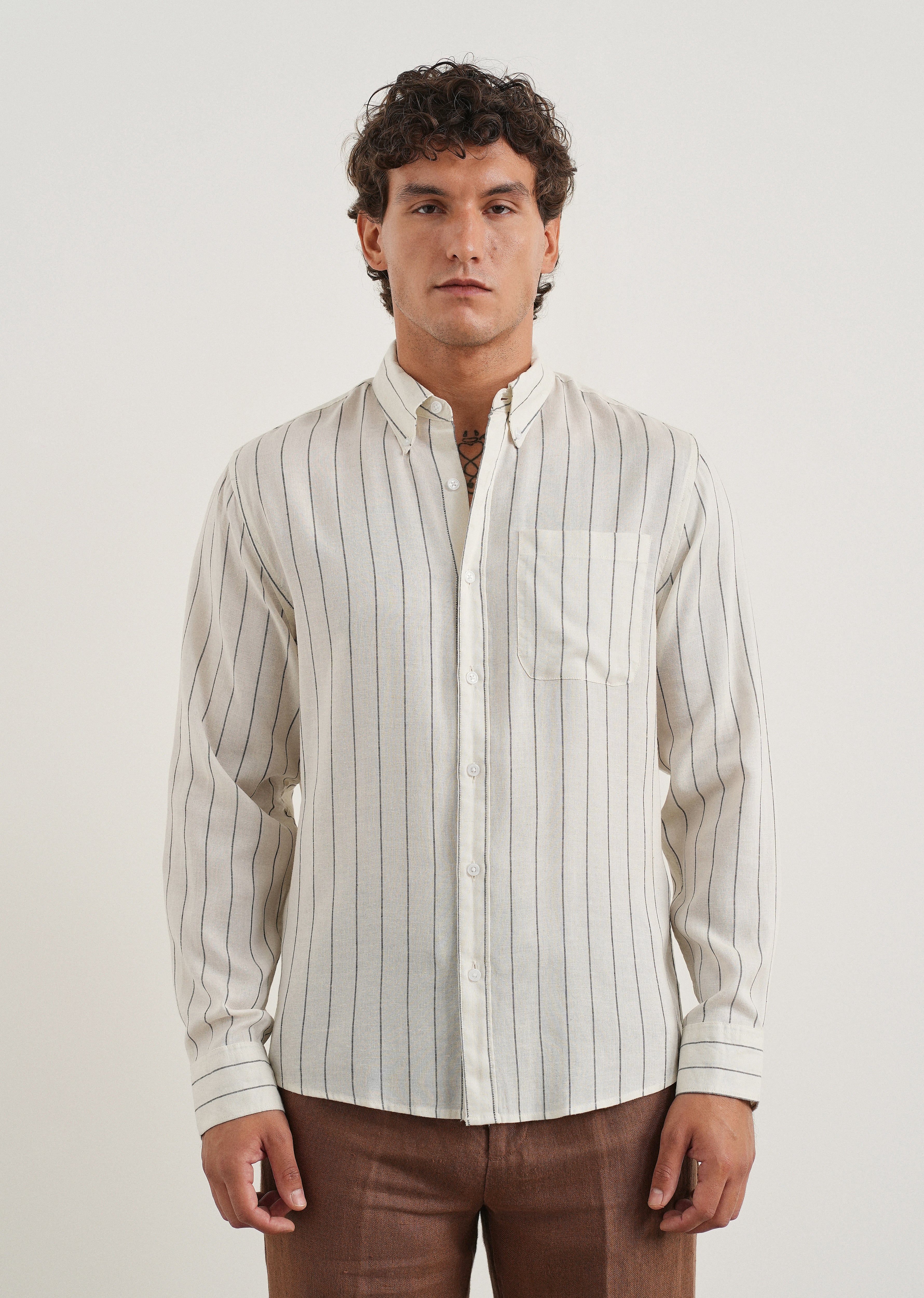 White Lyocell Linen Stripe Shirt