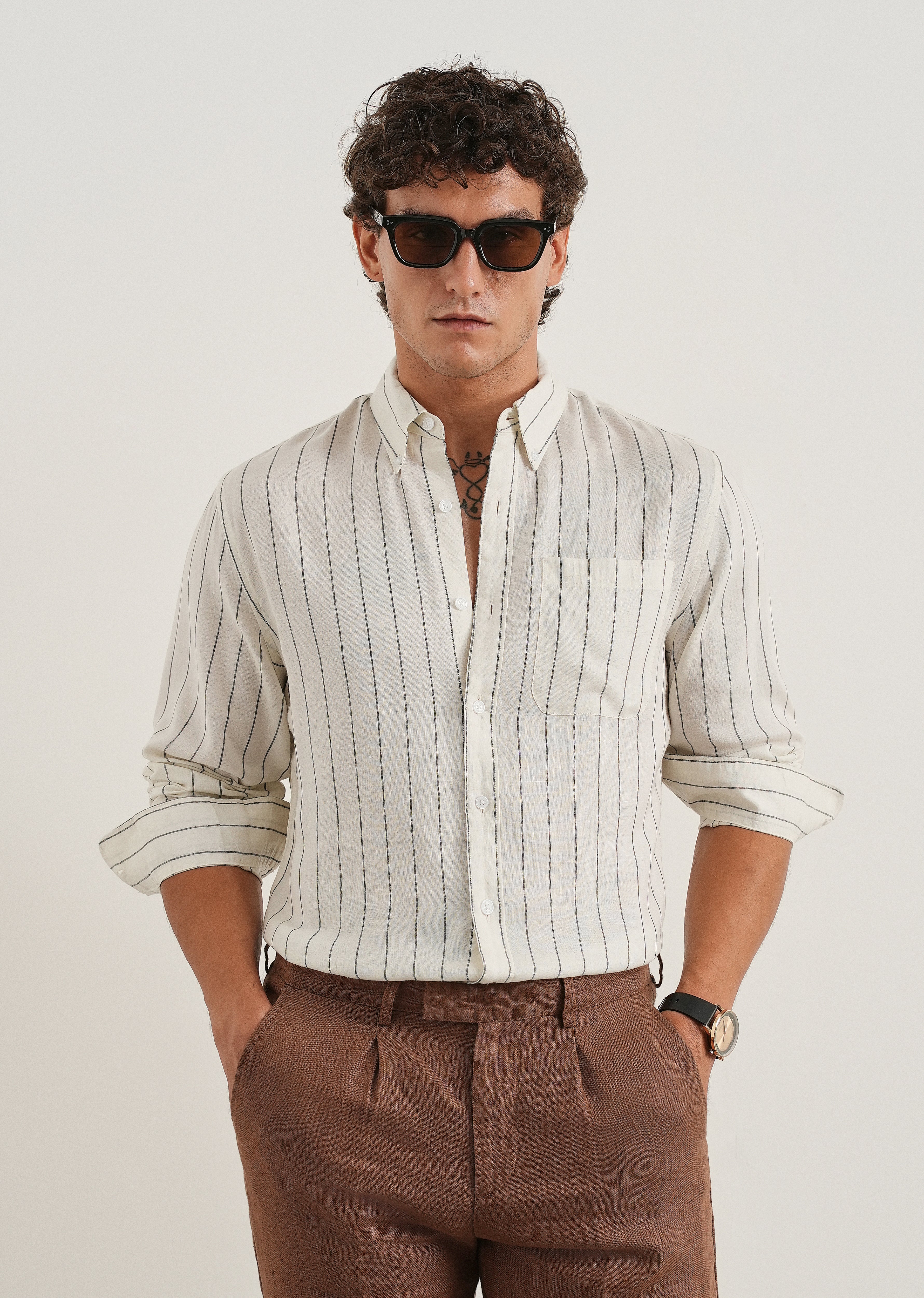White Lyocell Linen Stripe Shirt