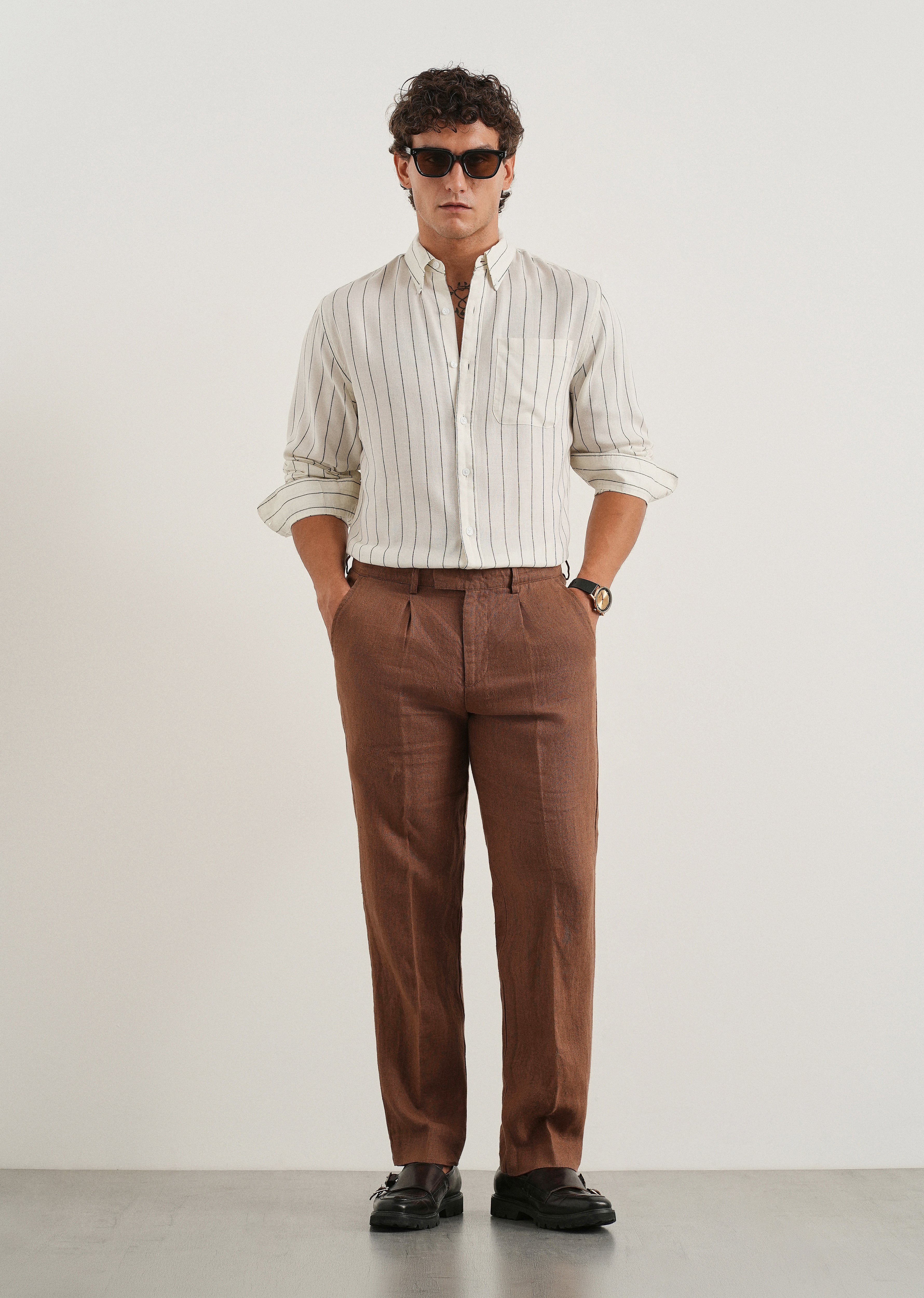 White Lyocell Linen Stripe Shirt