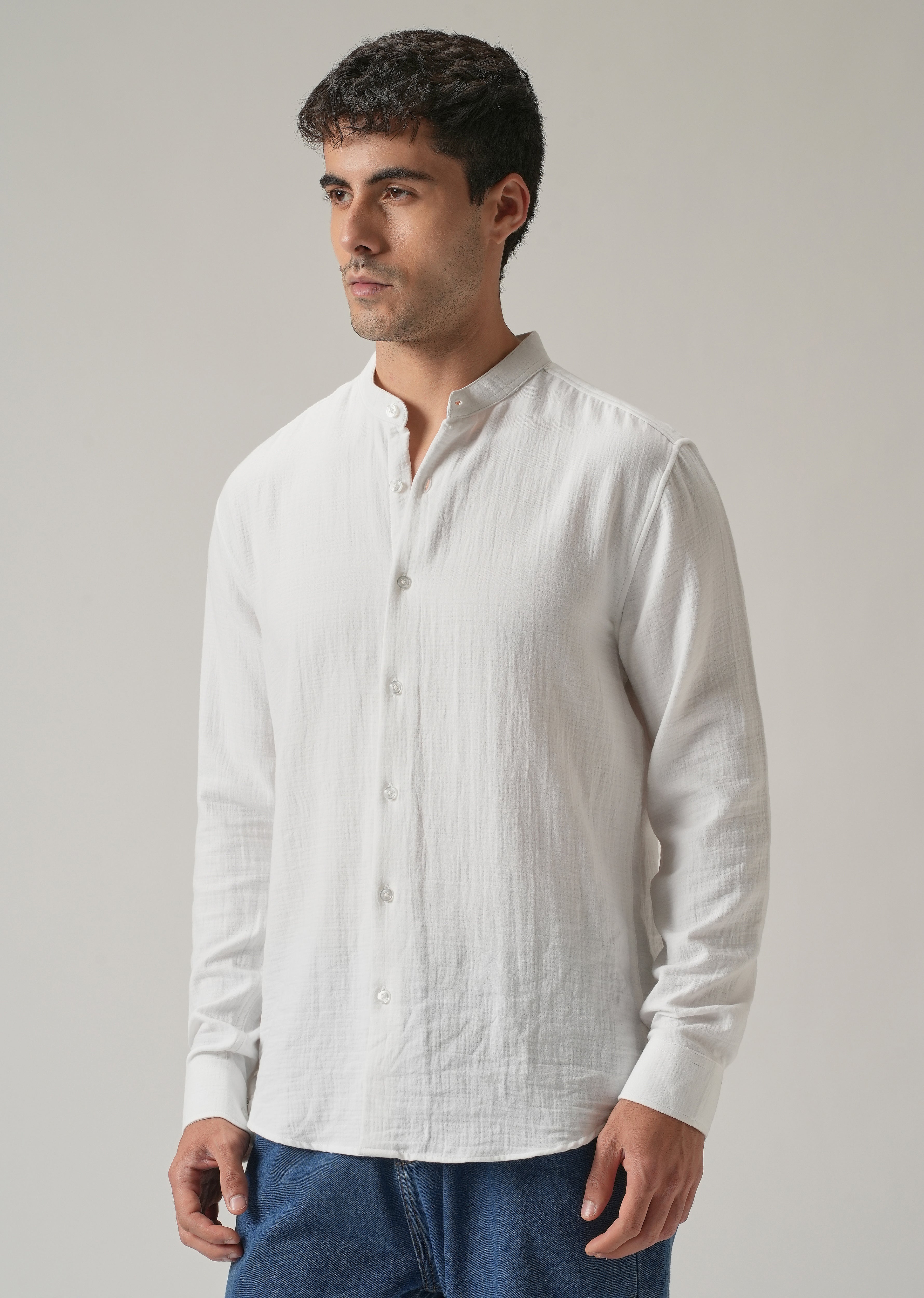 White Plain Mandarin Collar Cotton Shirt