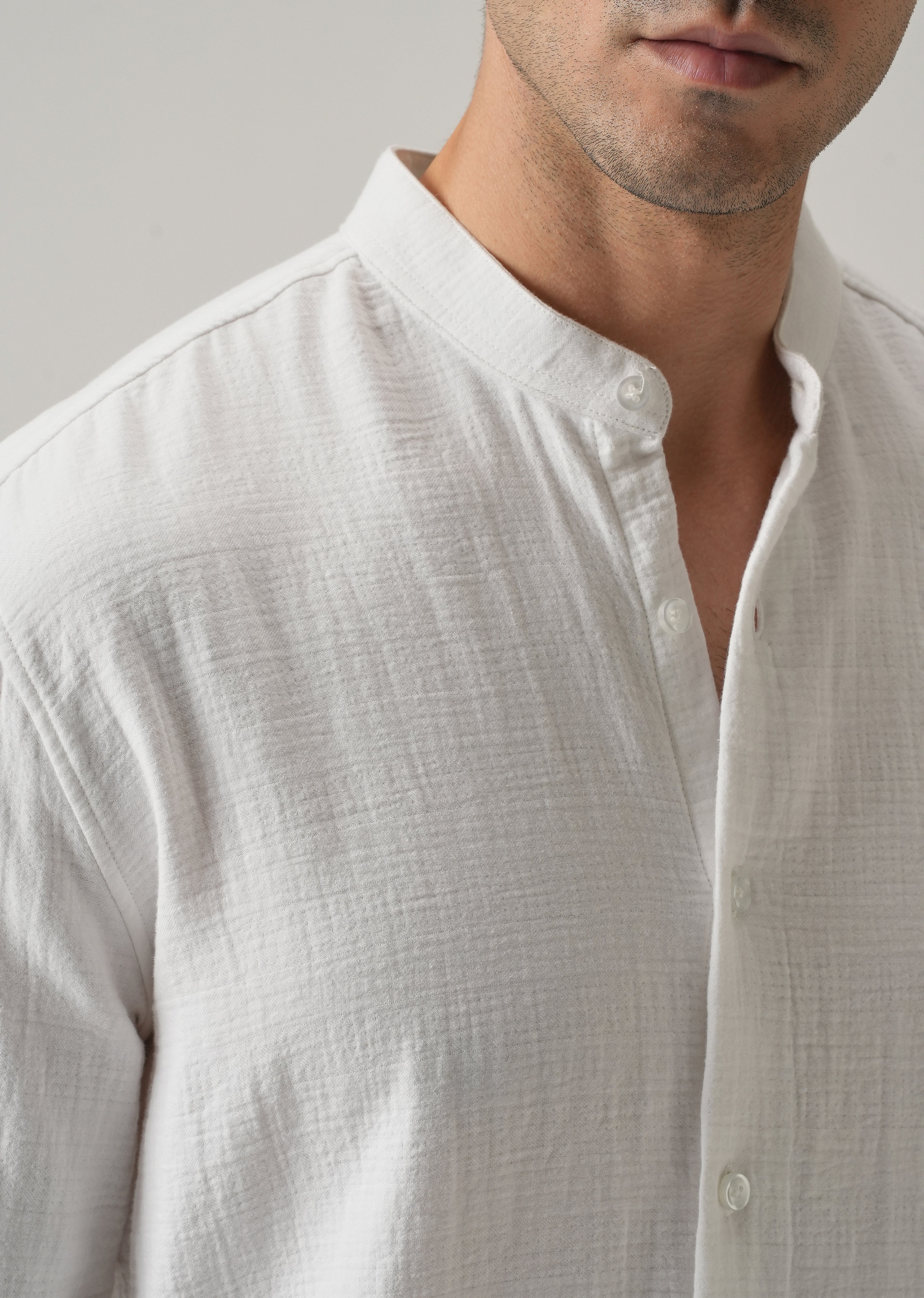 White Plain Mandarin Collar Cotton Shirt