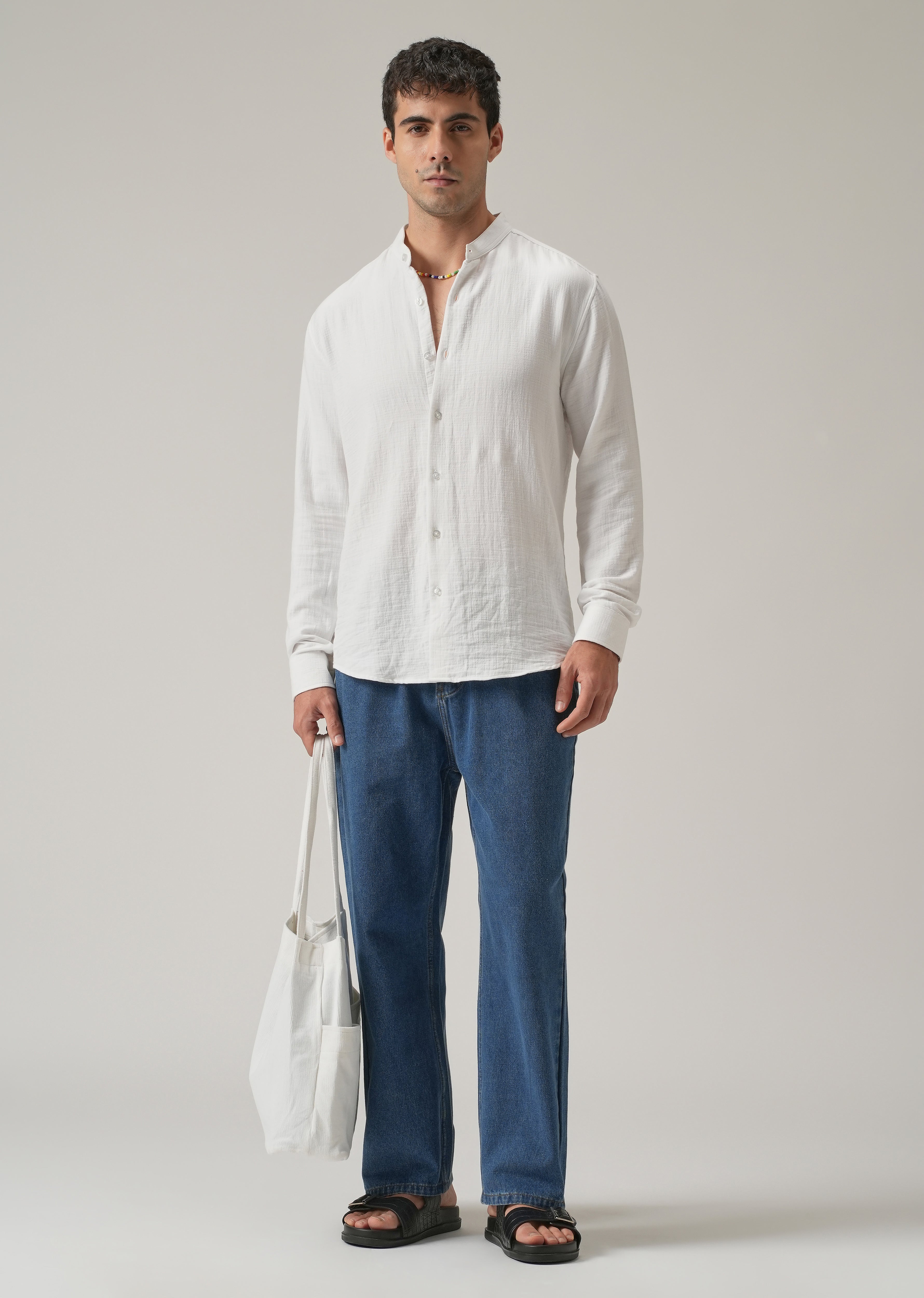 White Plain Mandarin Collar Cotton Shirt