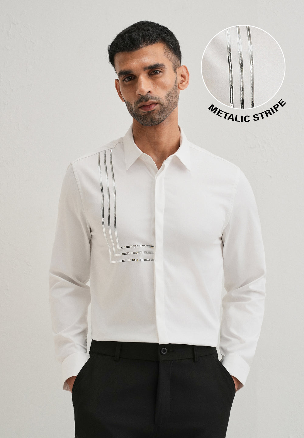 White Metallic Stripe Designer Shirt