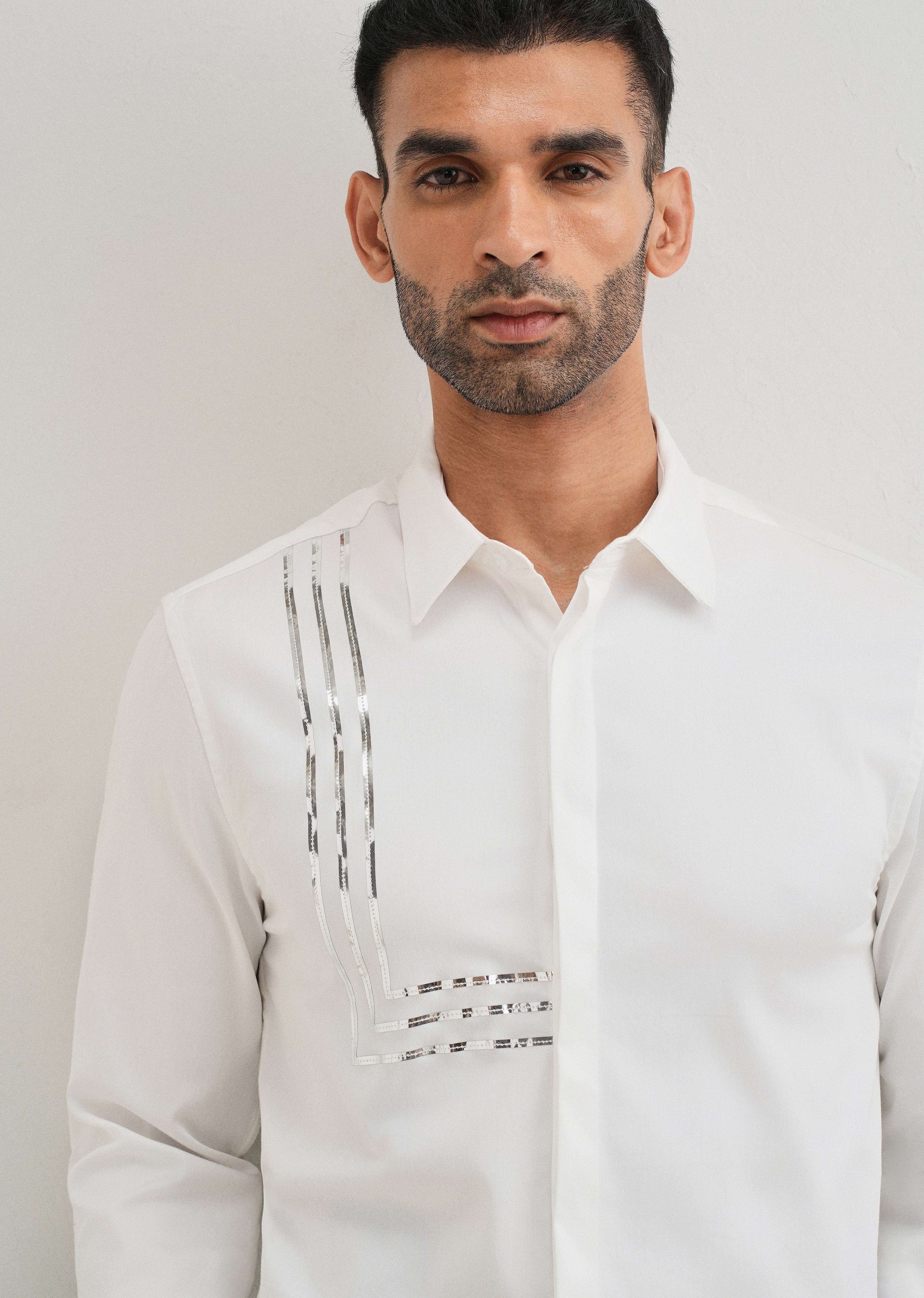 White Metallic Stripe Designer Shirt