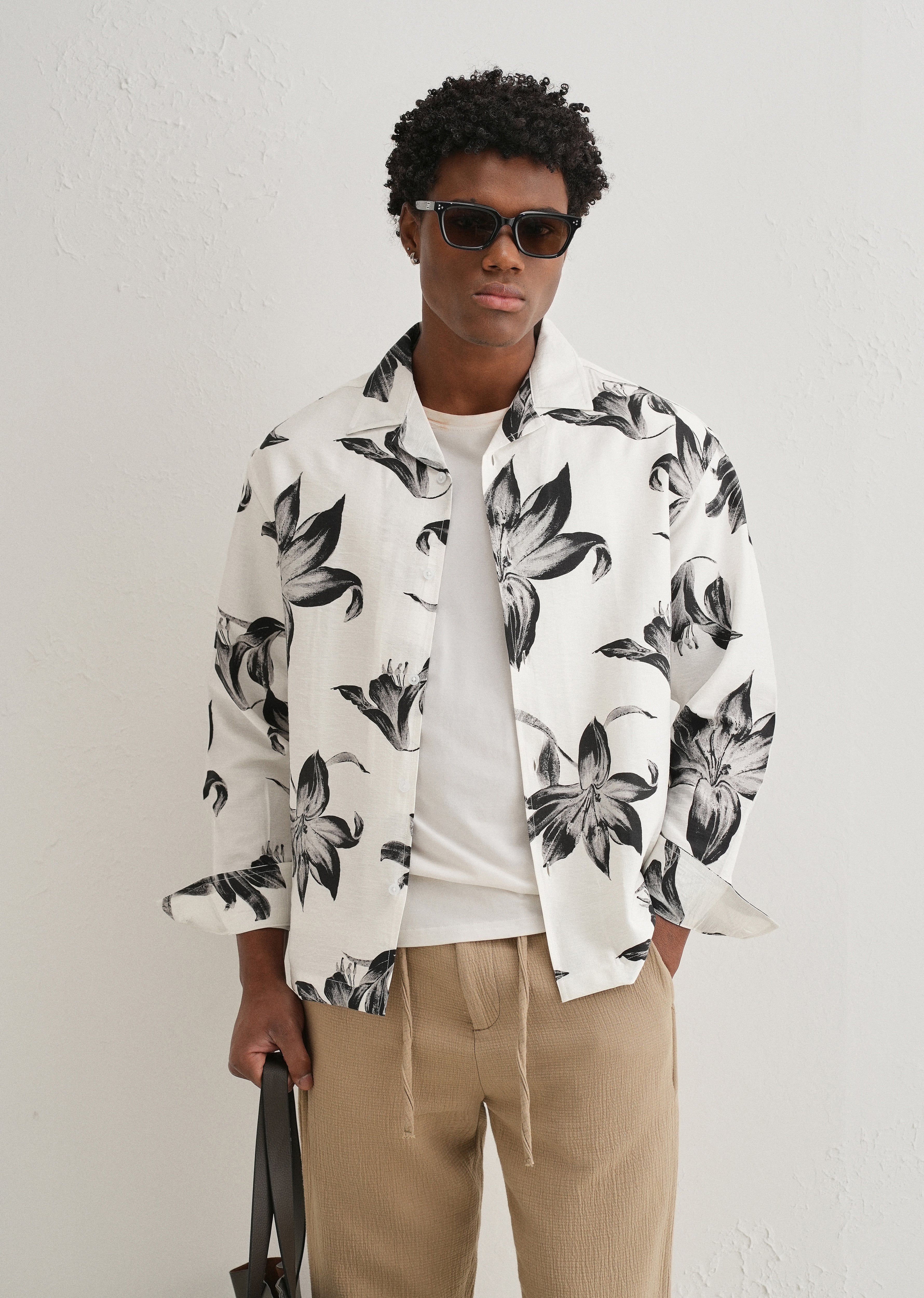 White Monochrome Lily Floral Printed Shirt