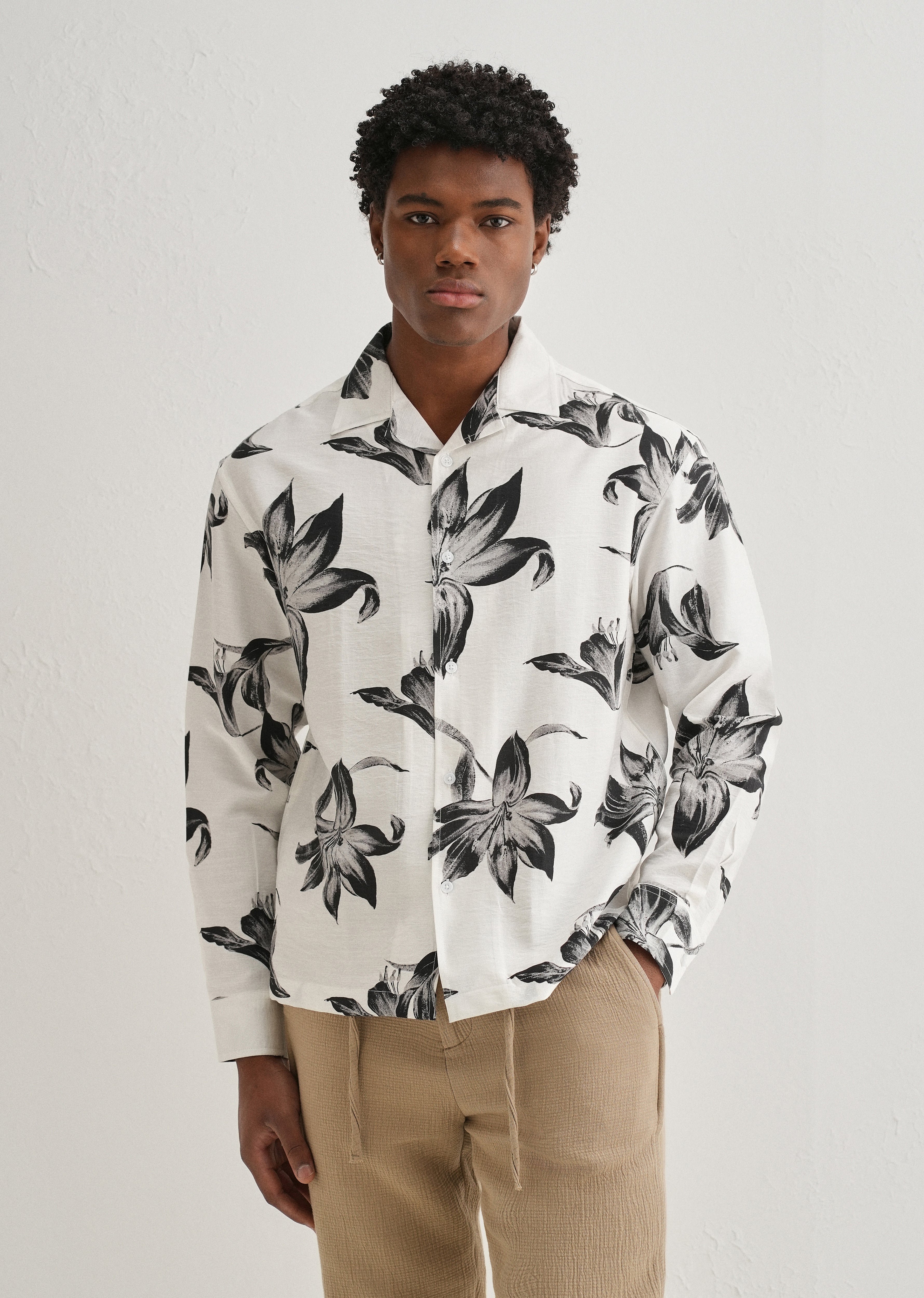 White Monochrome Lily Floral Printed Shirt