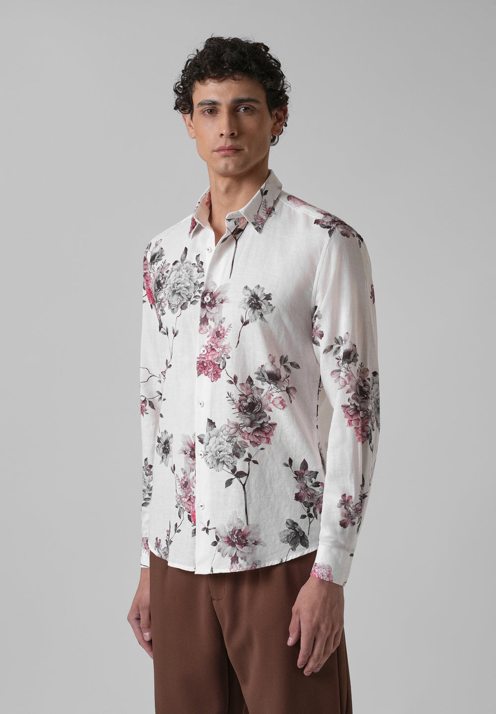 White Peony Dahlia Printed Cotton Linen Shirt
