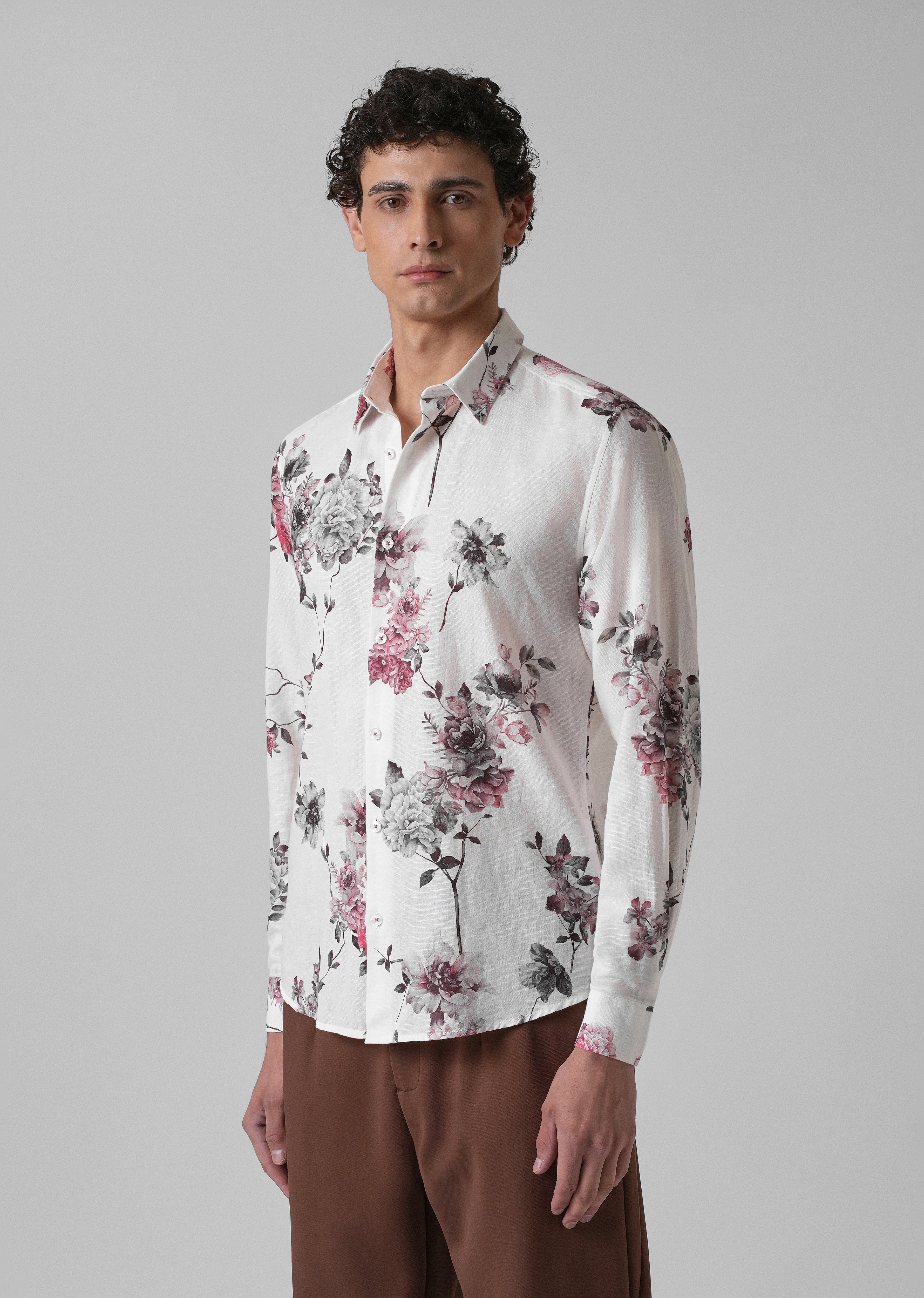 White Peony Dahlia Printed Cotton Linen Shirt