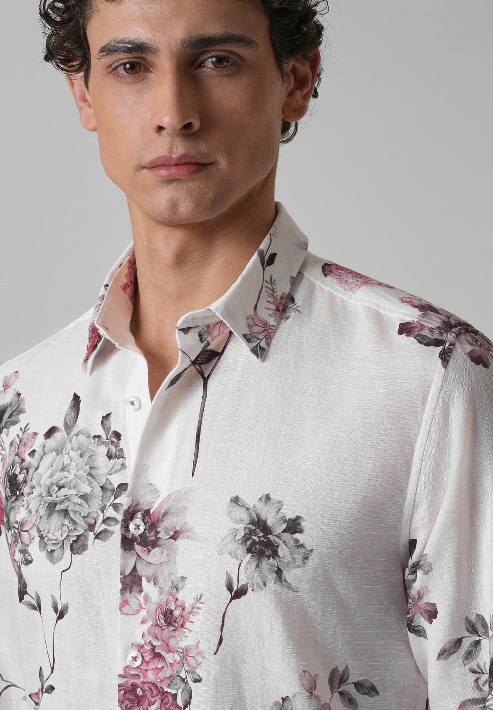 White Peony Dahlia Printed Cotton Linen Shirt