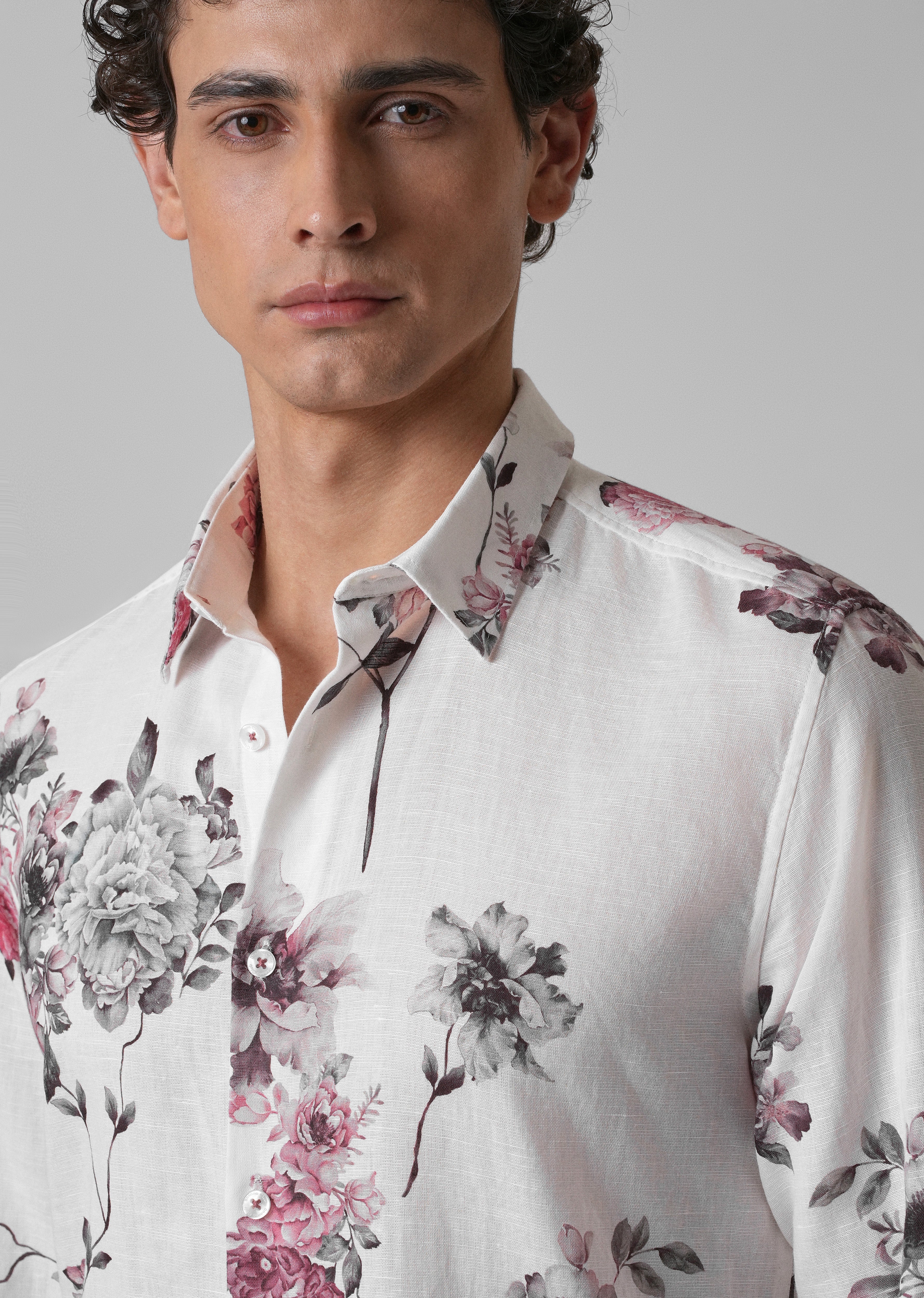 White Peony Dahlia Printed Cotton Linen Shirt