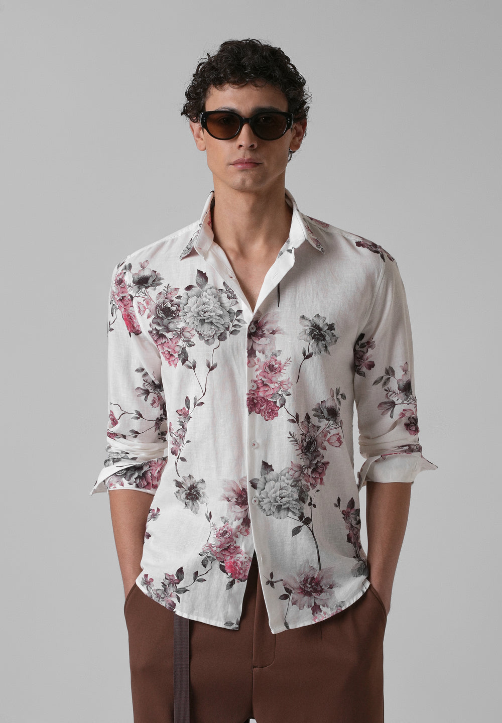 White Peony Dahlia Printed Cotton Linen Shirt
