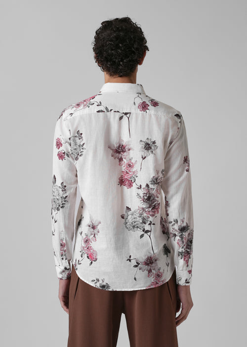 White Peony Dahlia Printed Cotton Linen Shirt