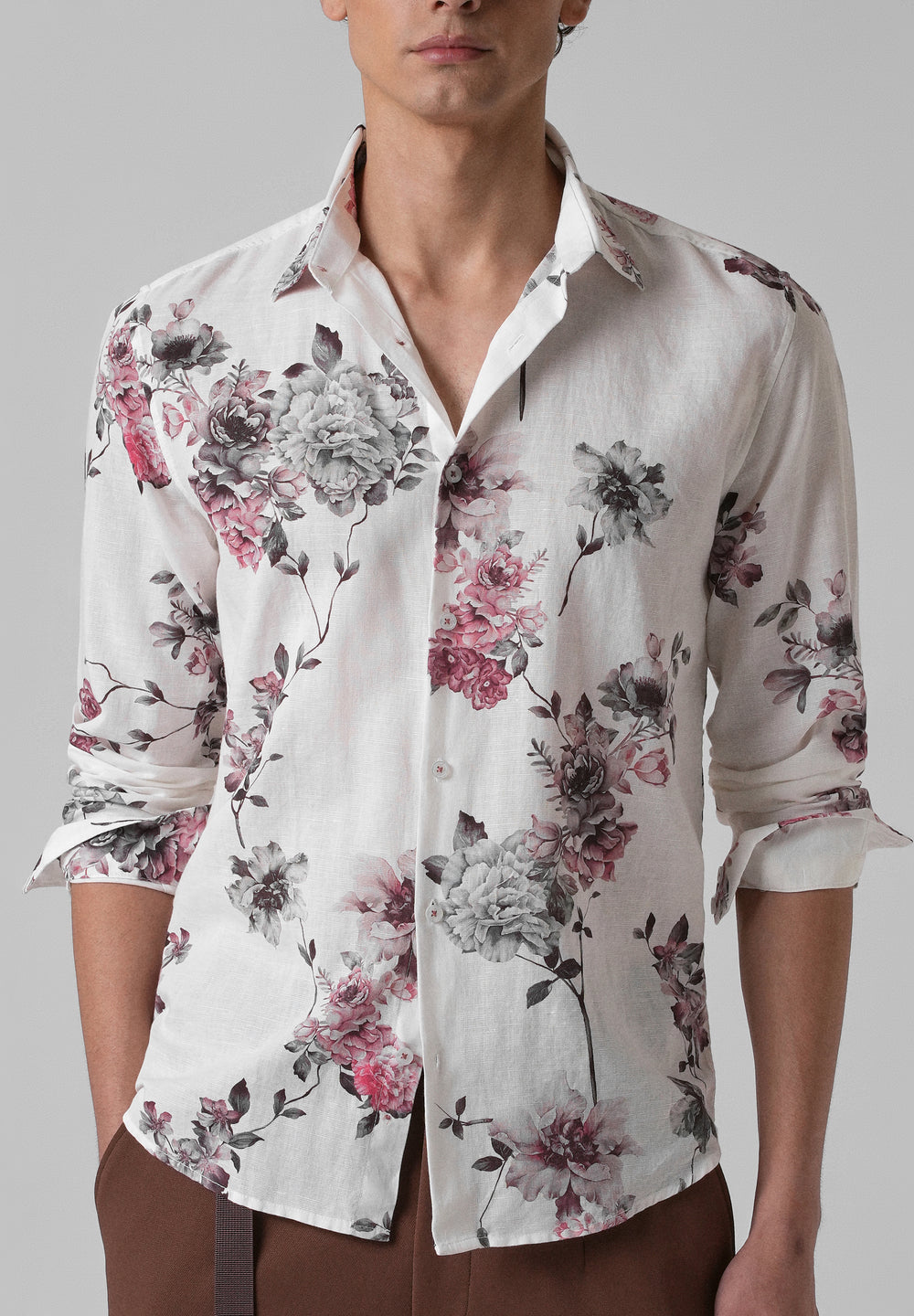 White Peony Dahlia Printed Cotton Linen Shirt