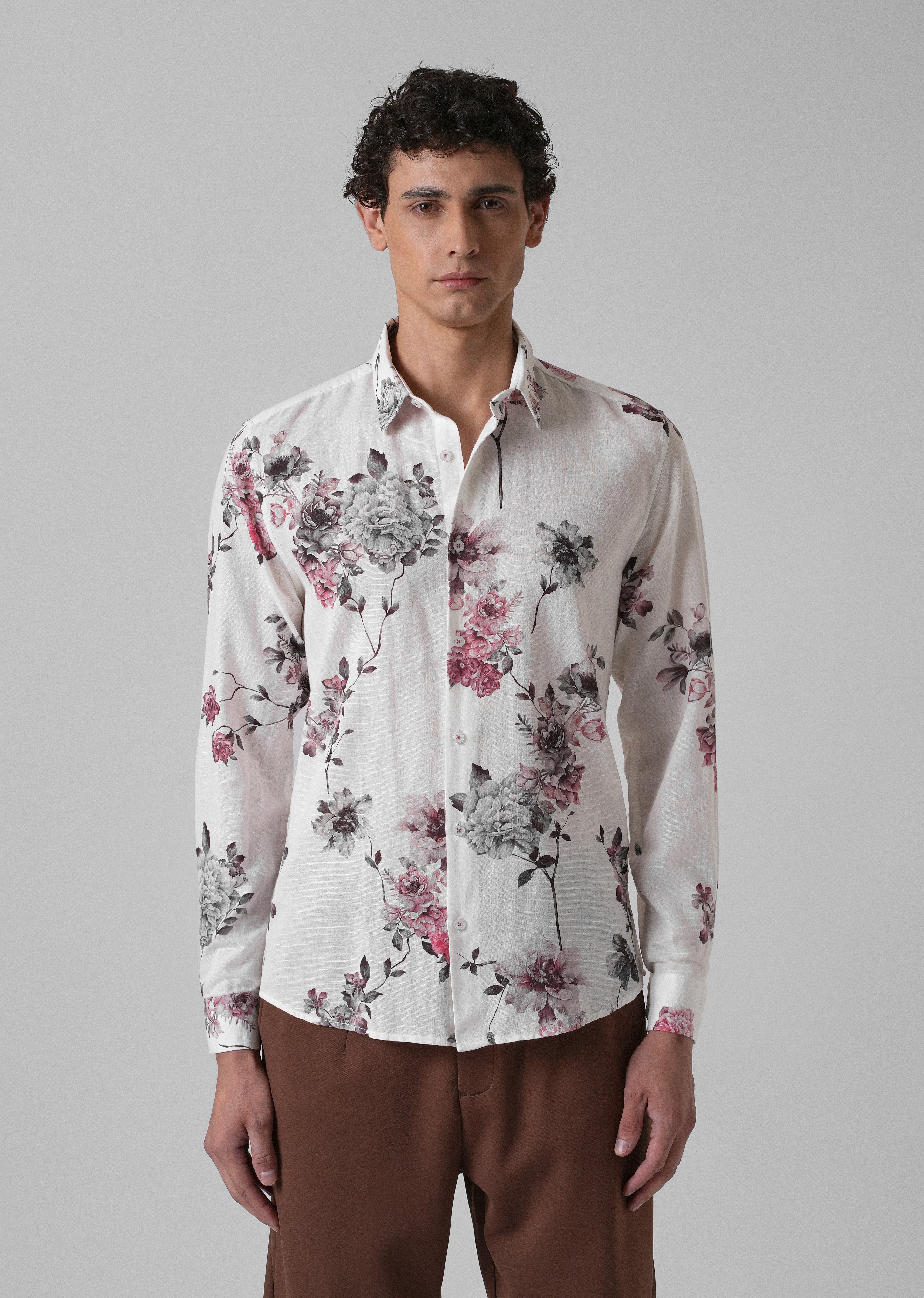 White Peony Dahlia Printed Cotton Linen Shirt
