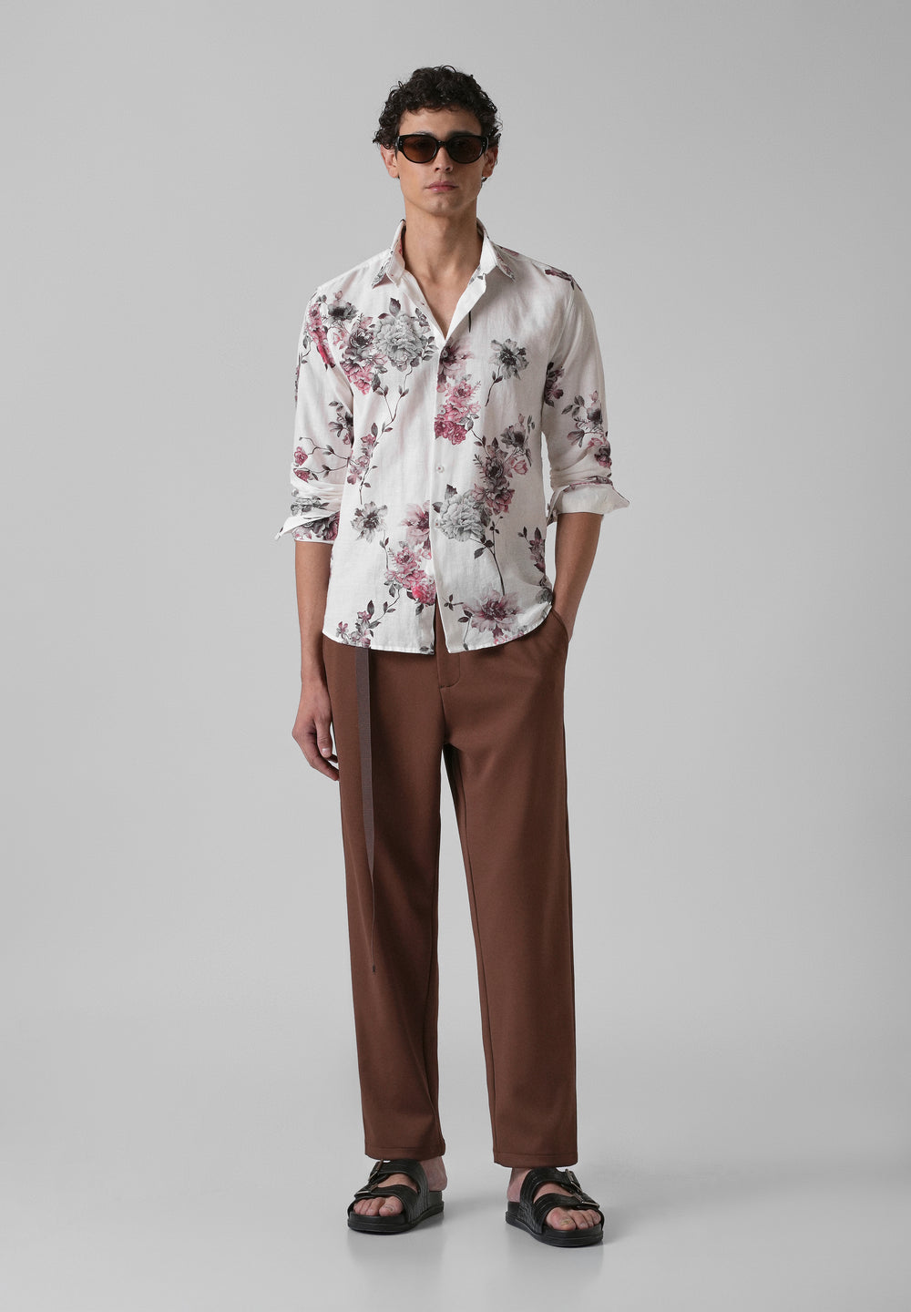 White Peony Dahlia Printed Cotton Linen Shirt