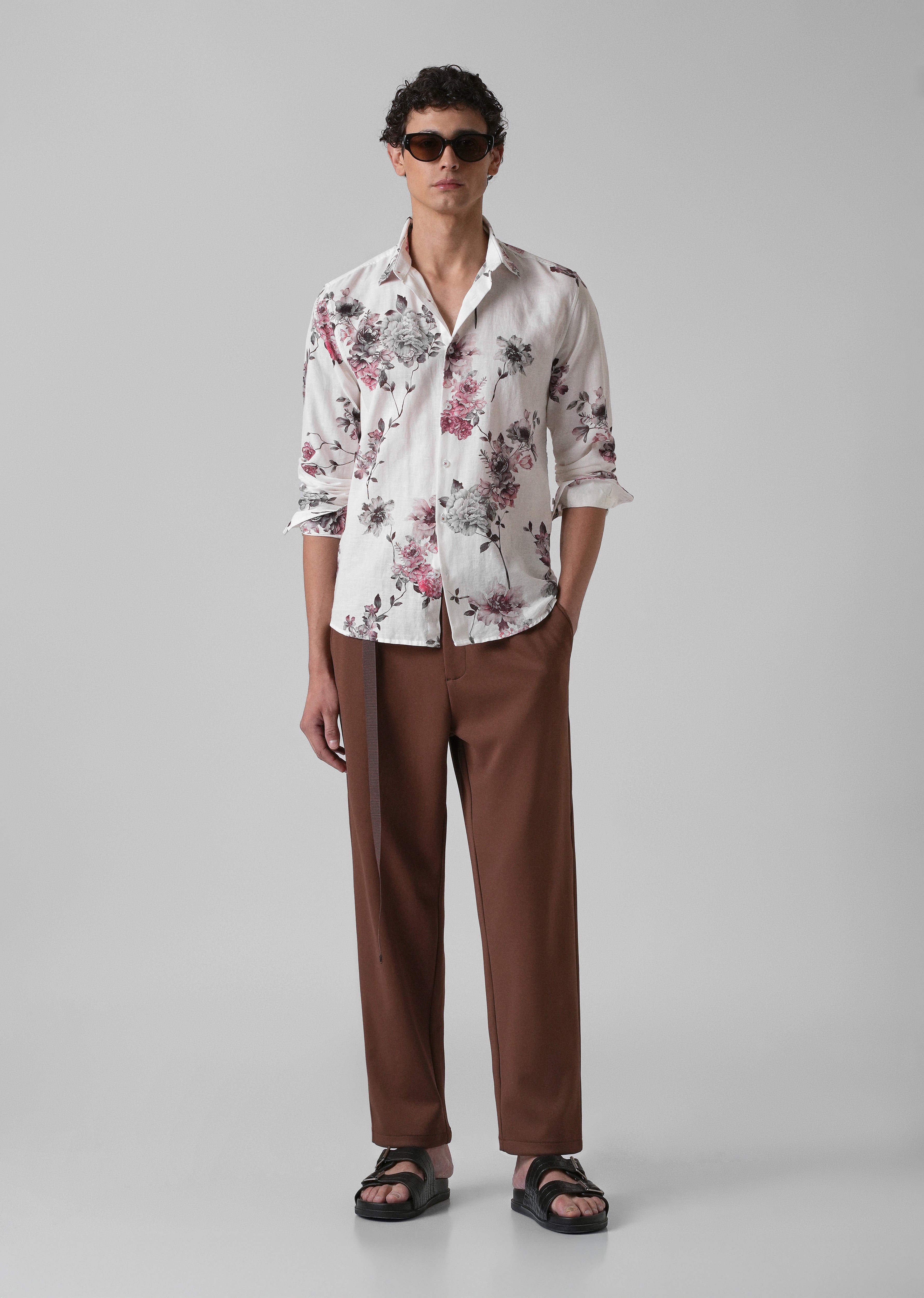 White Peony Dahlia Printed Cotton Linen Shirt