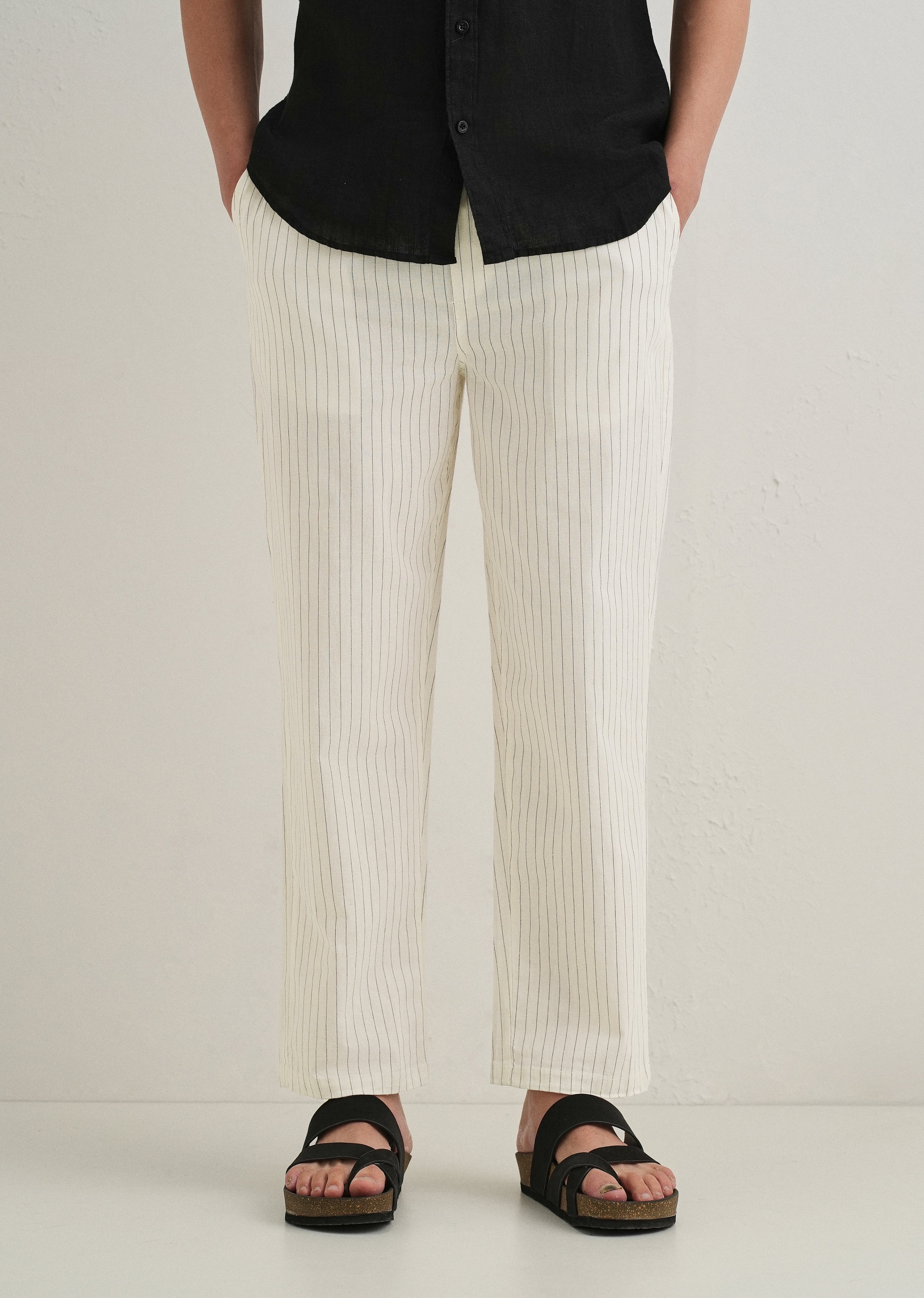 White Pin Cotton Linen Pant
