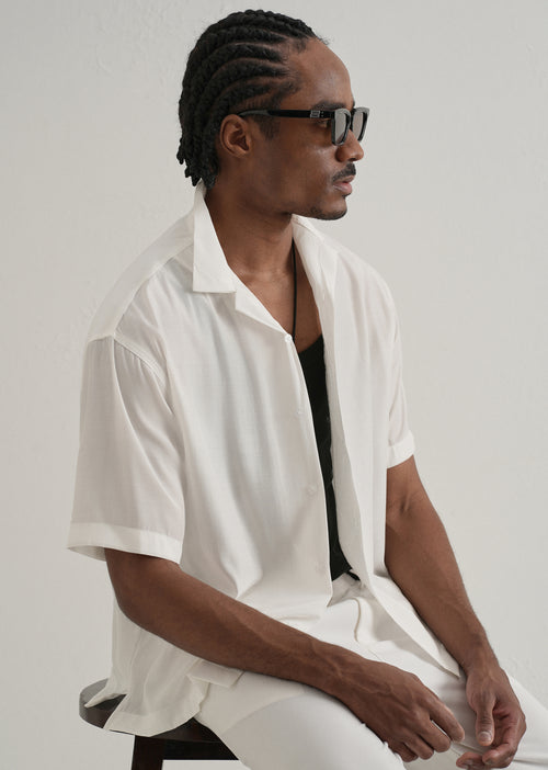 White Plain Sheen Cuban Collar Shirt