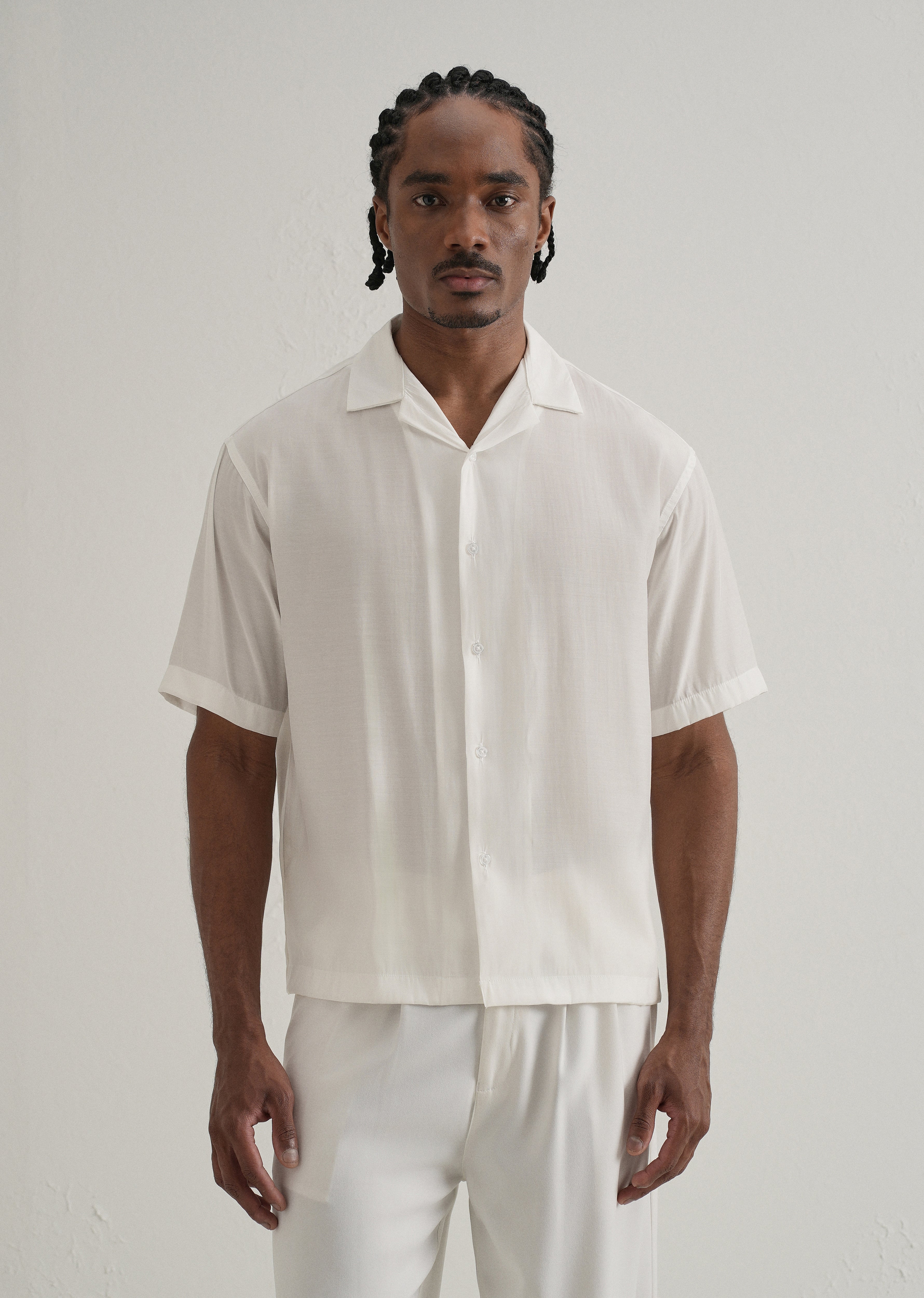 White Plain Sheen Cuban Collar Shirt