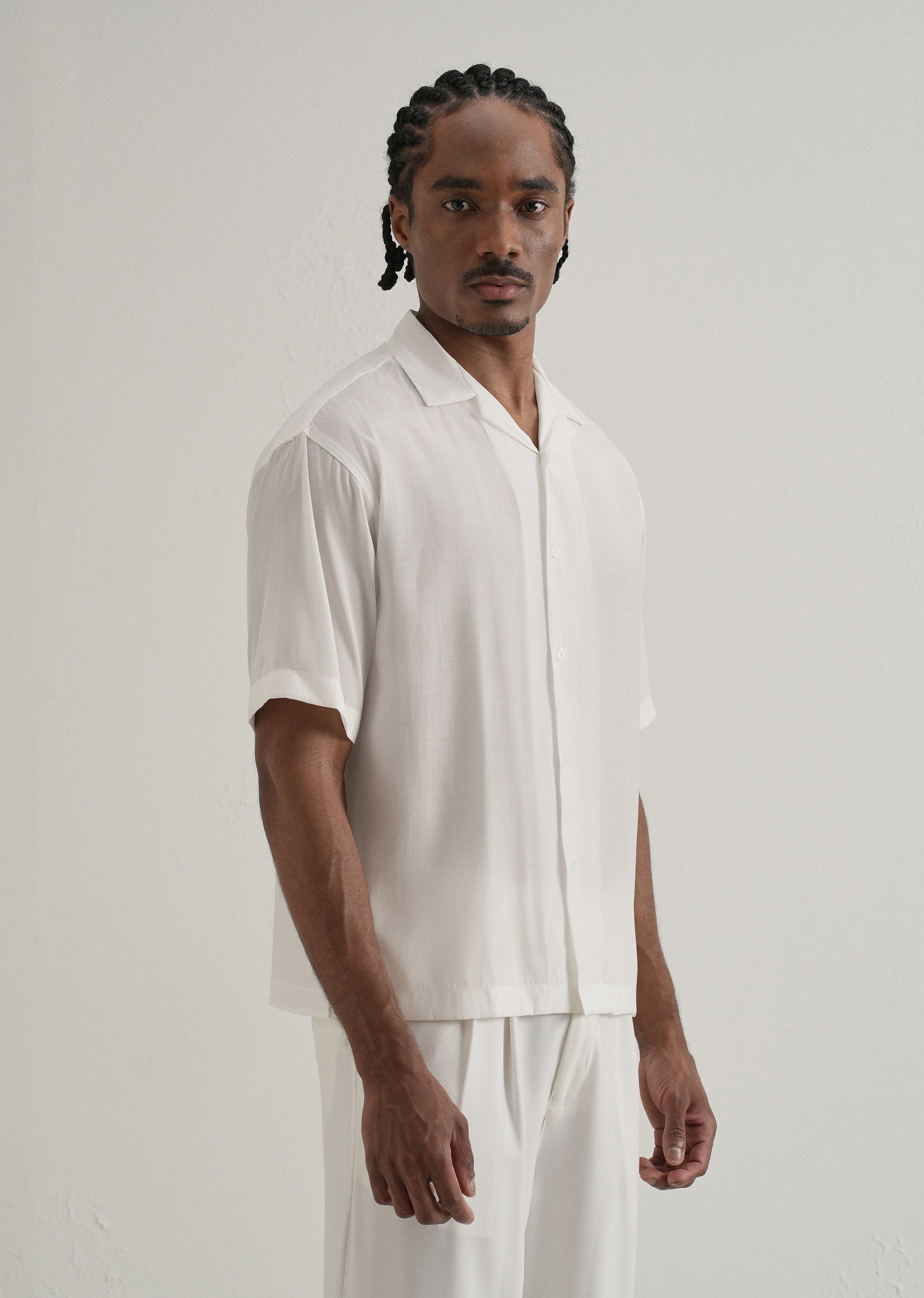 White Plain Sheen Cuban Collar Shirt