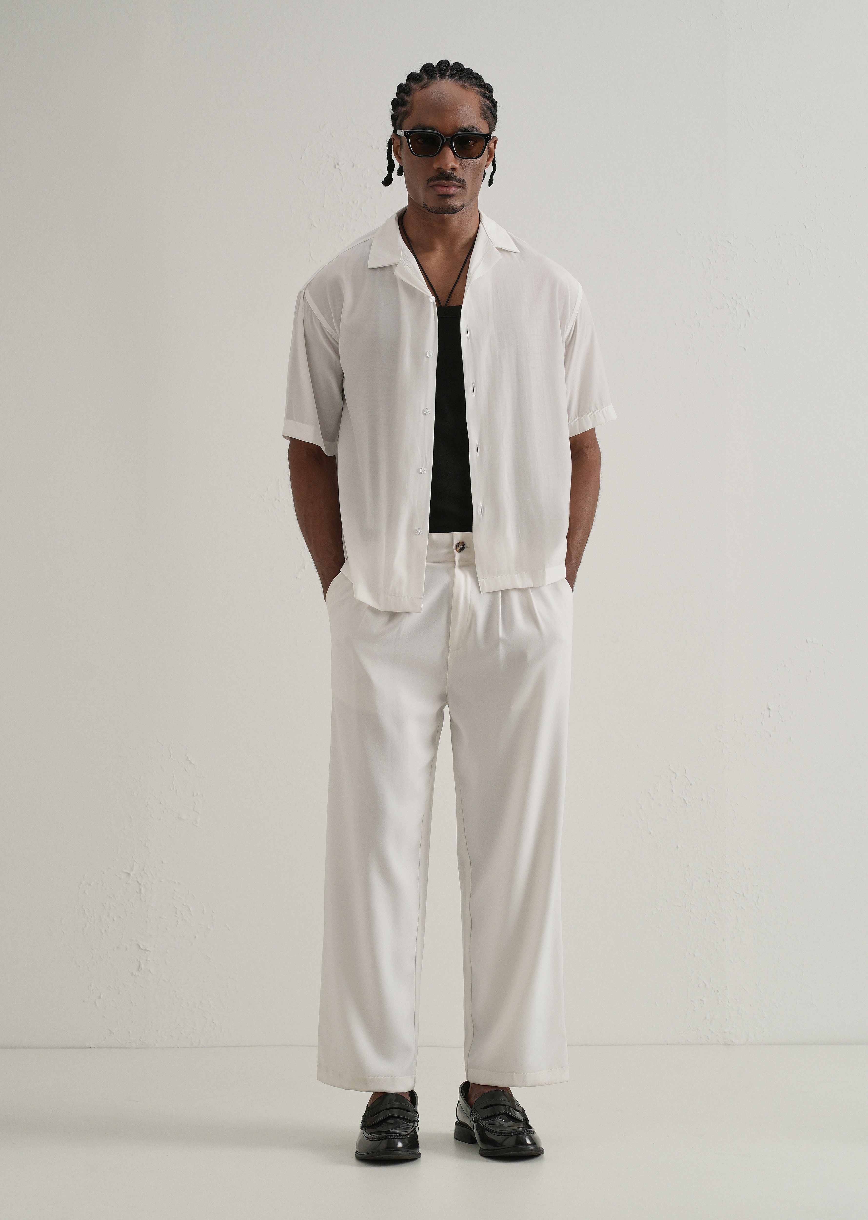 White Plain Sheen Cuban Collar Shirt