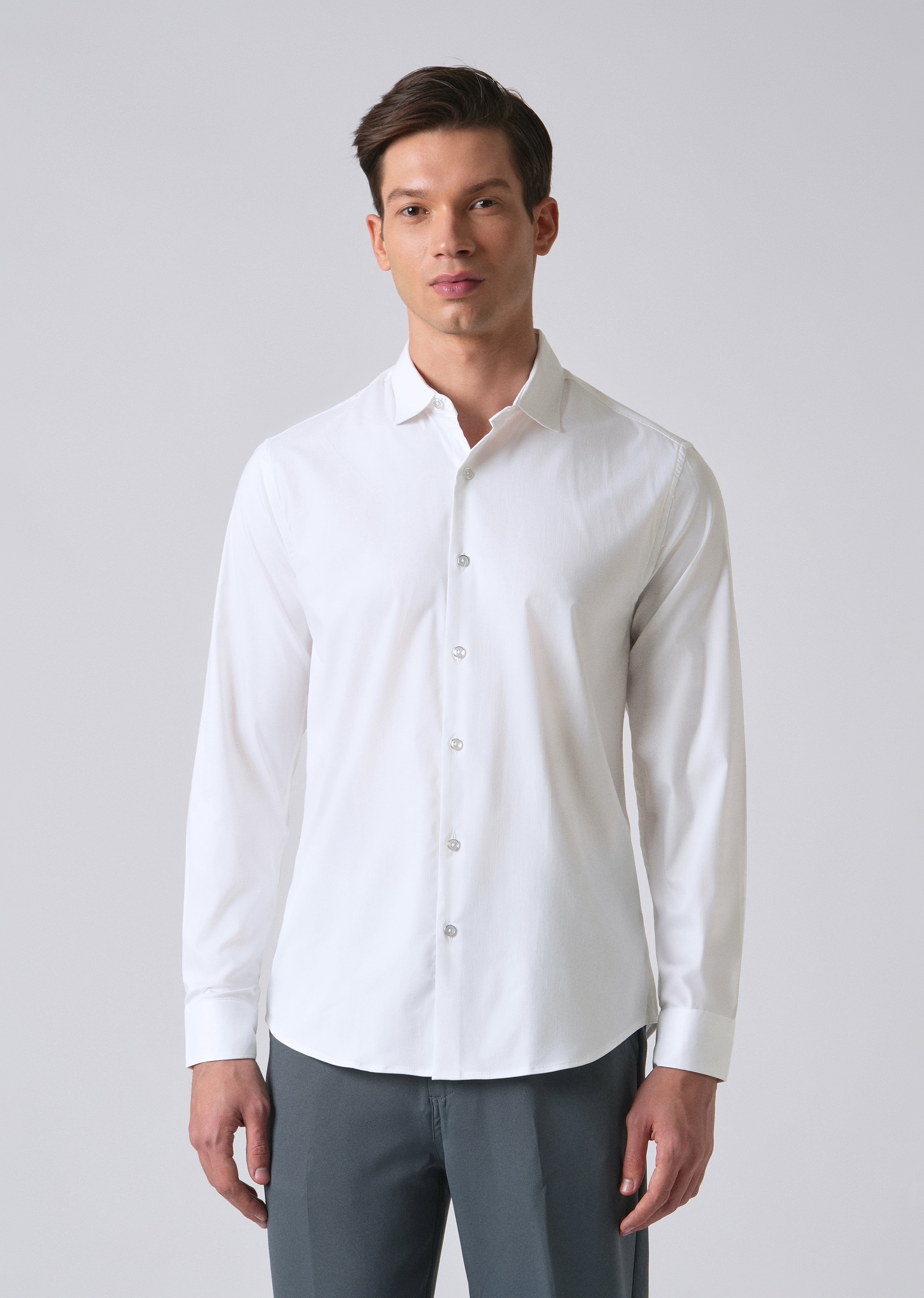 White Cotton Stretch Plain Shirt