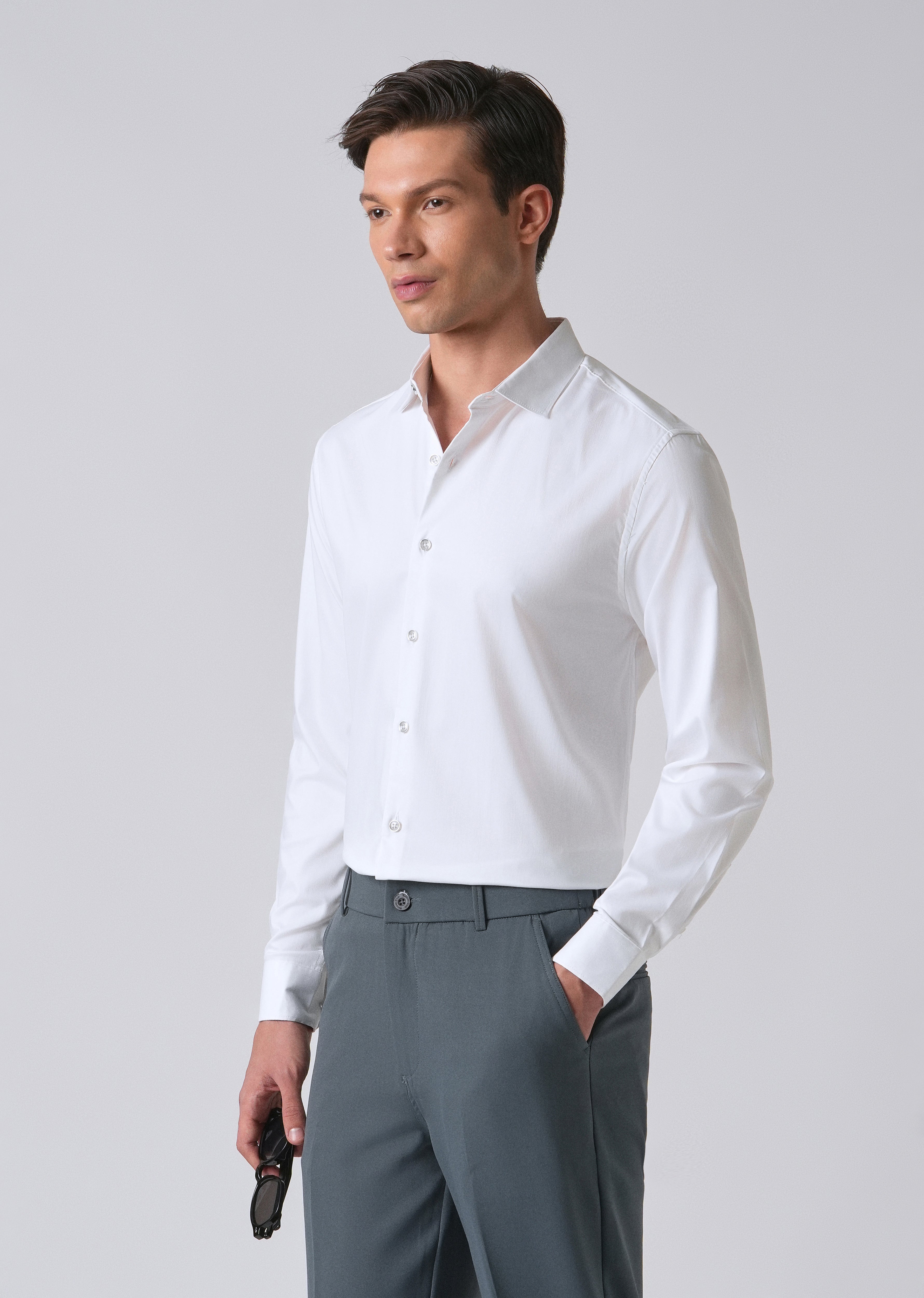 White Cotton Stretch Plain Shirt