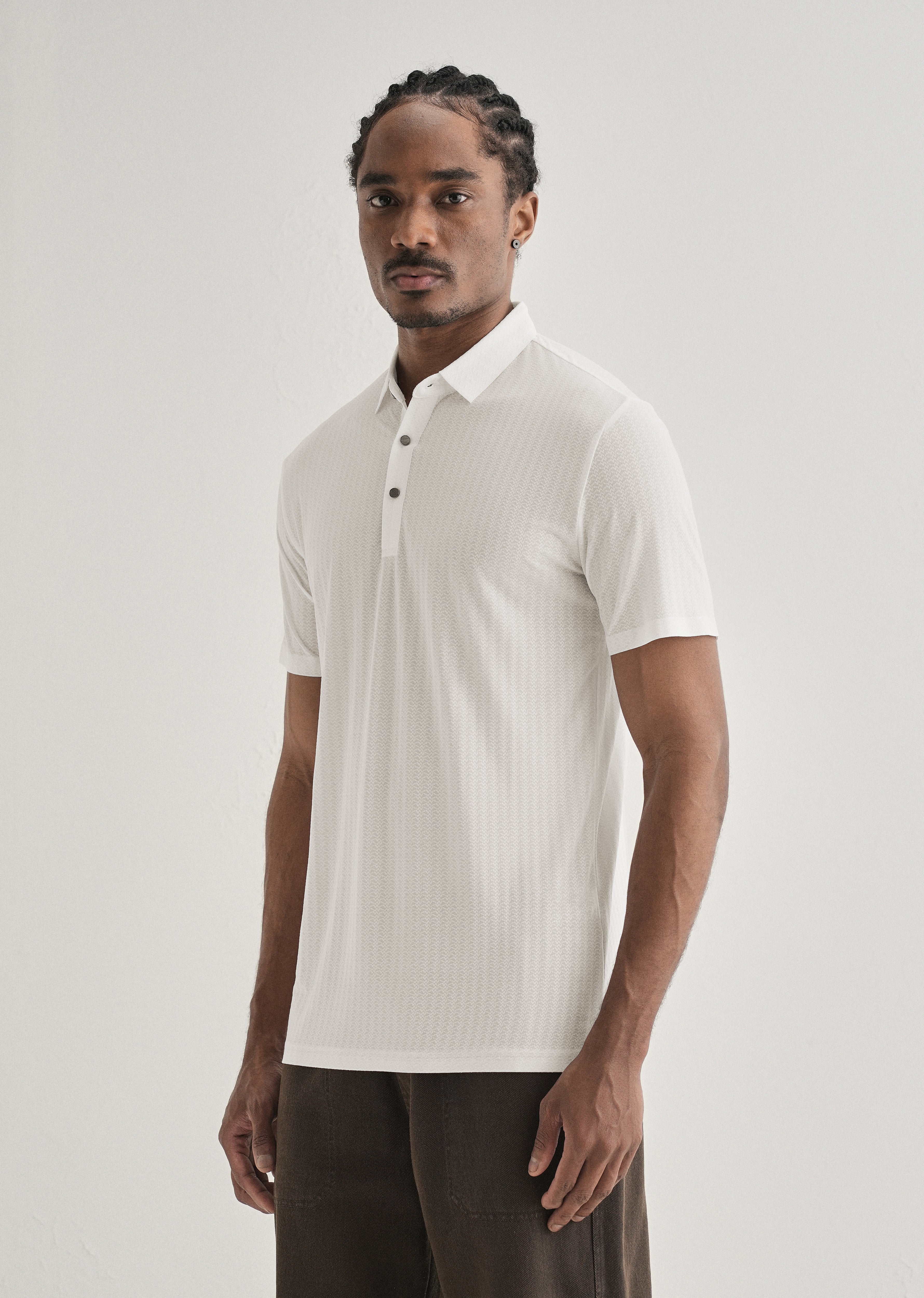White Polo Collar Printed Seamless T-shirt