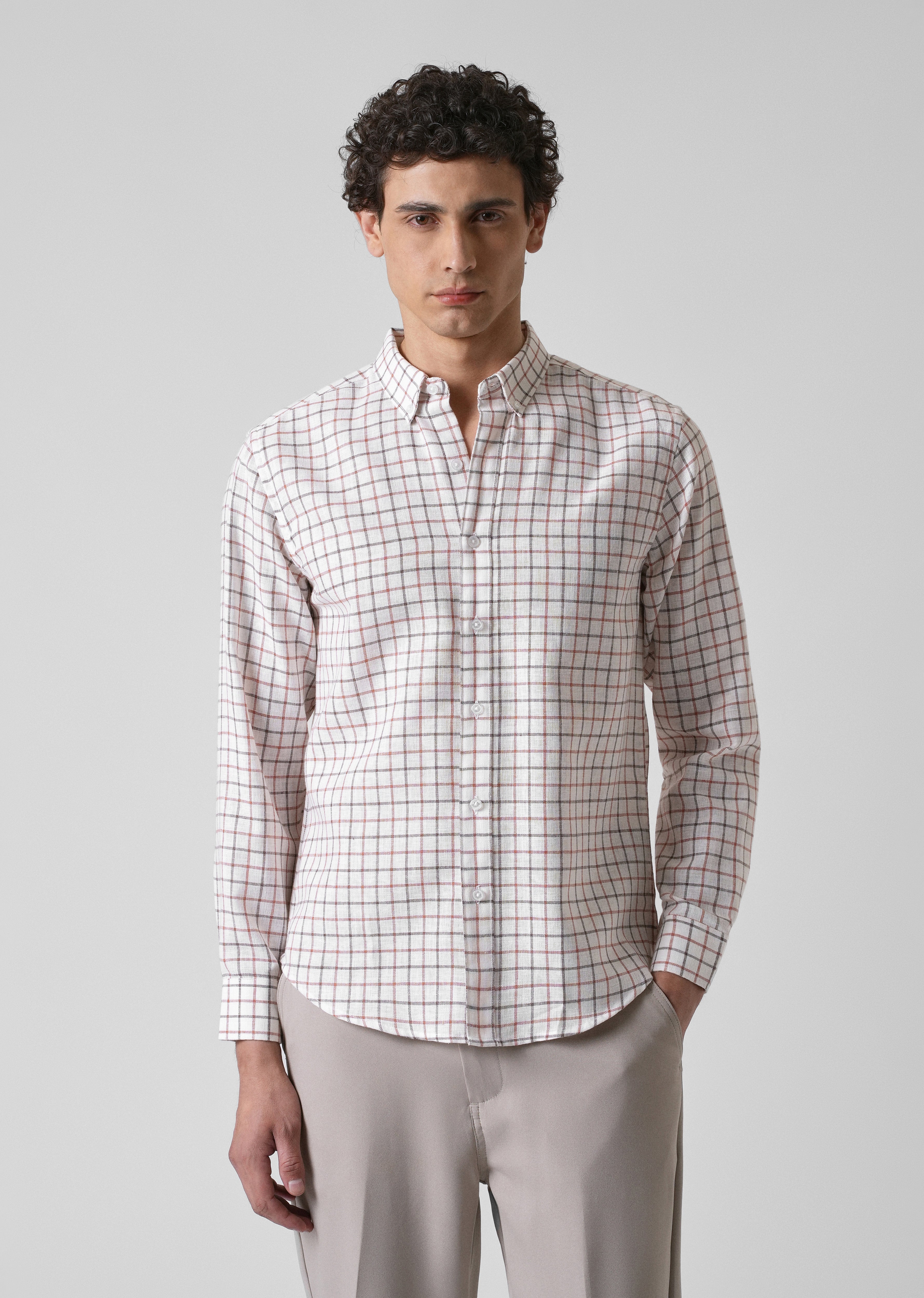 White Red Blended Cotton Check Shirt