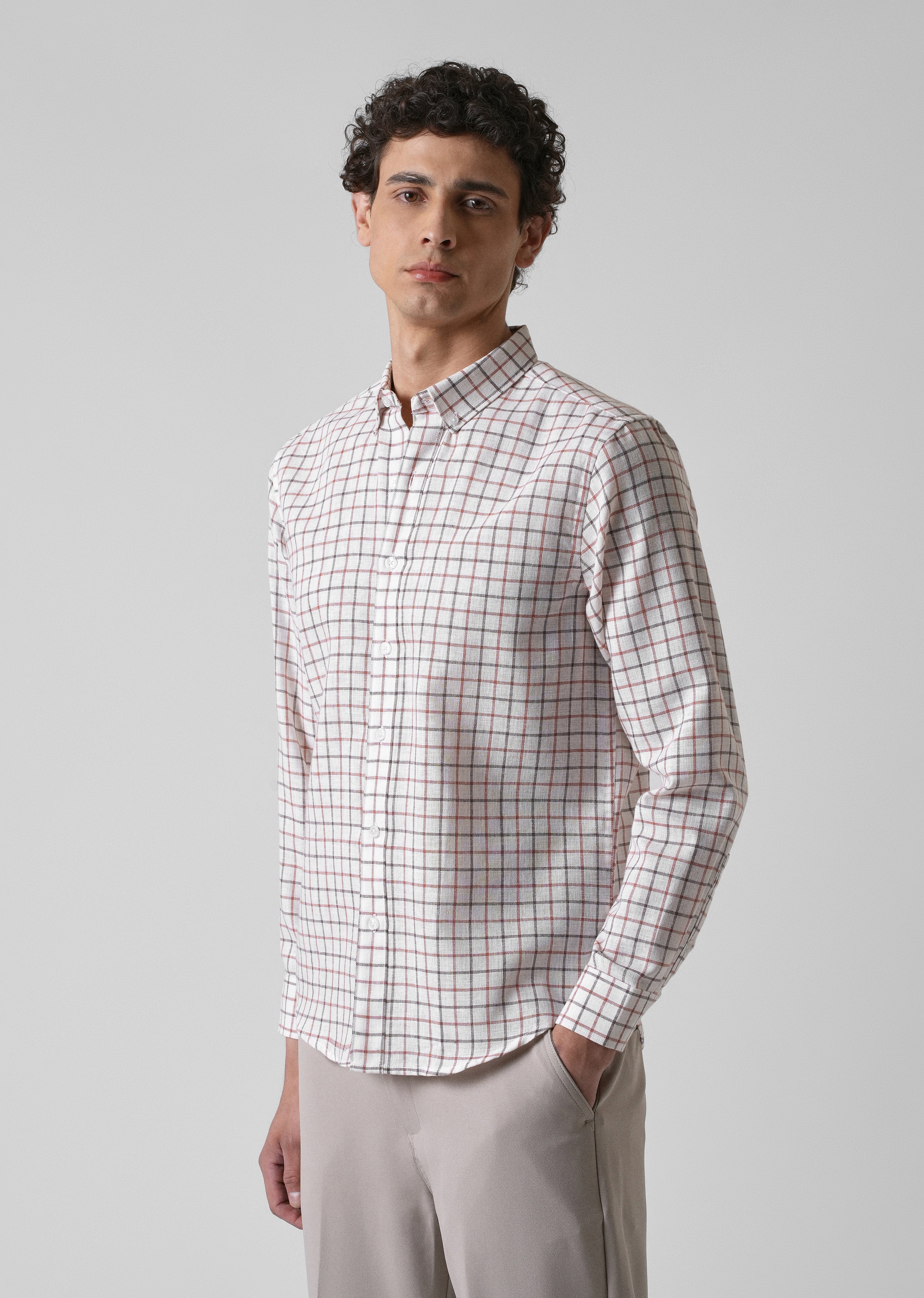 White Red Blended Cotton Check Shirt