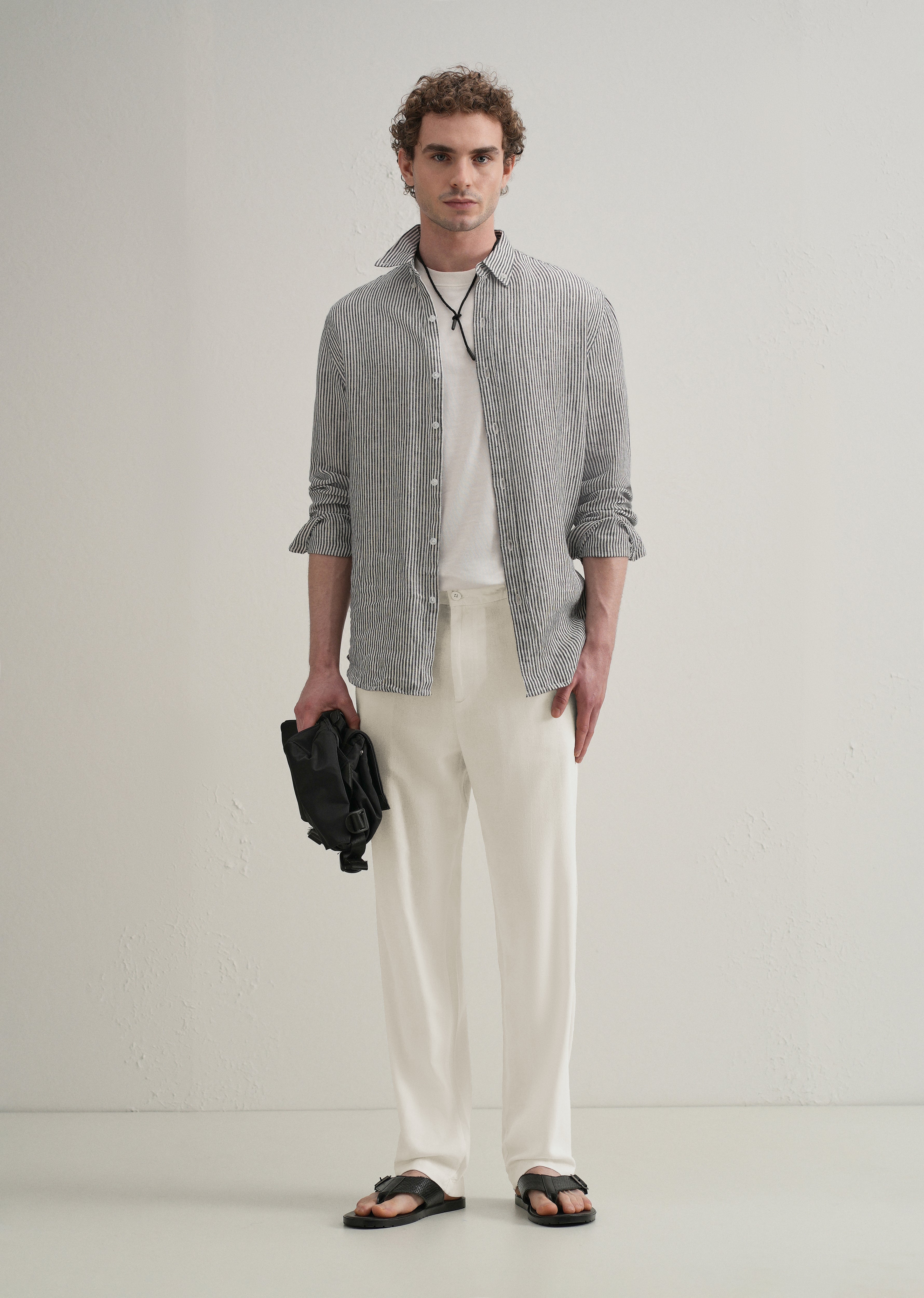 White Relaxed Fit Blended Linen Trouser
