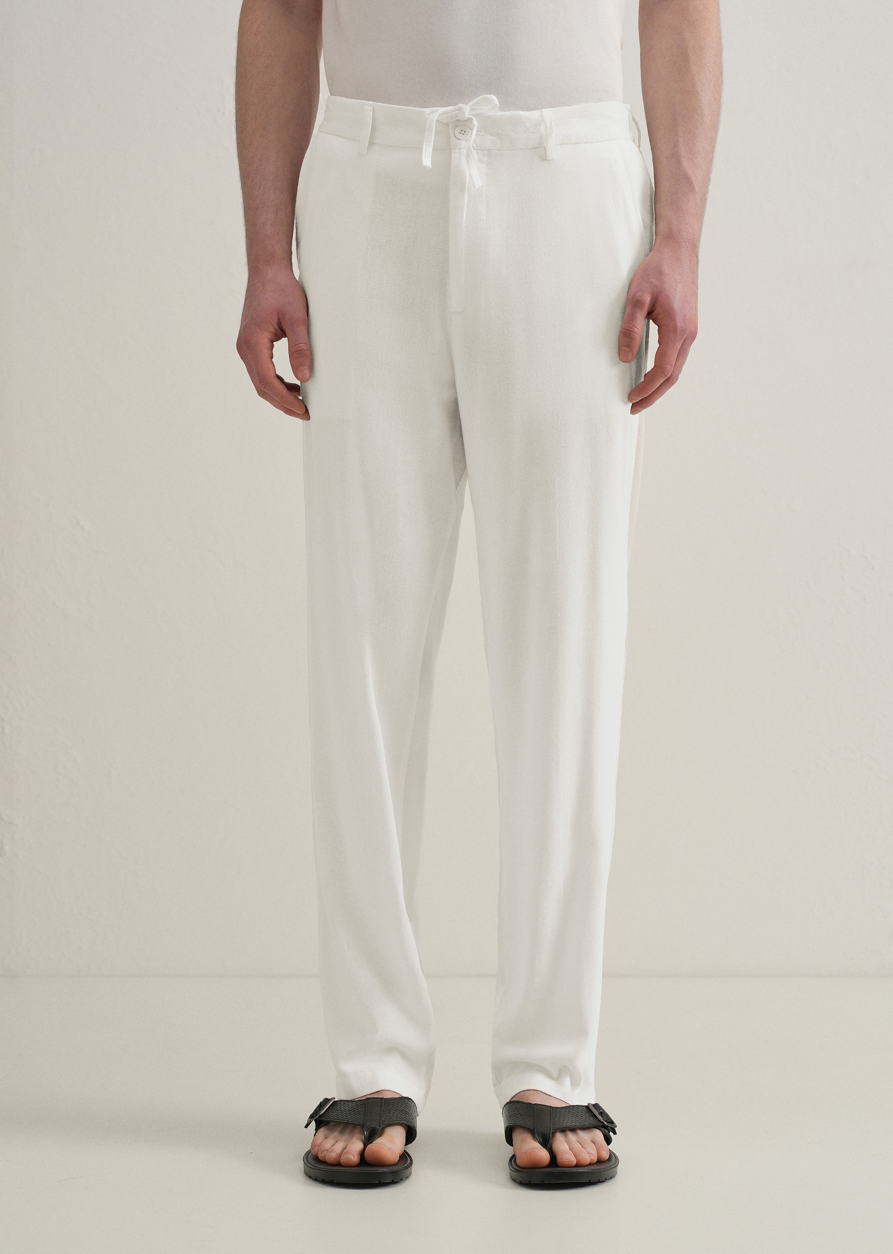 White Relaxed Fit Blended Linen Trouser