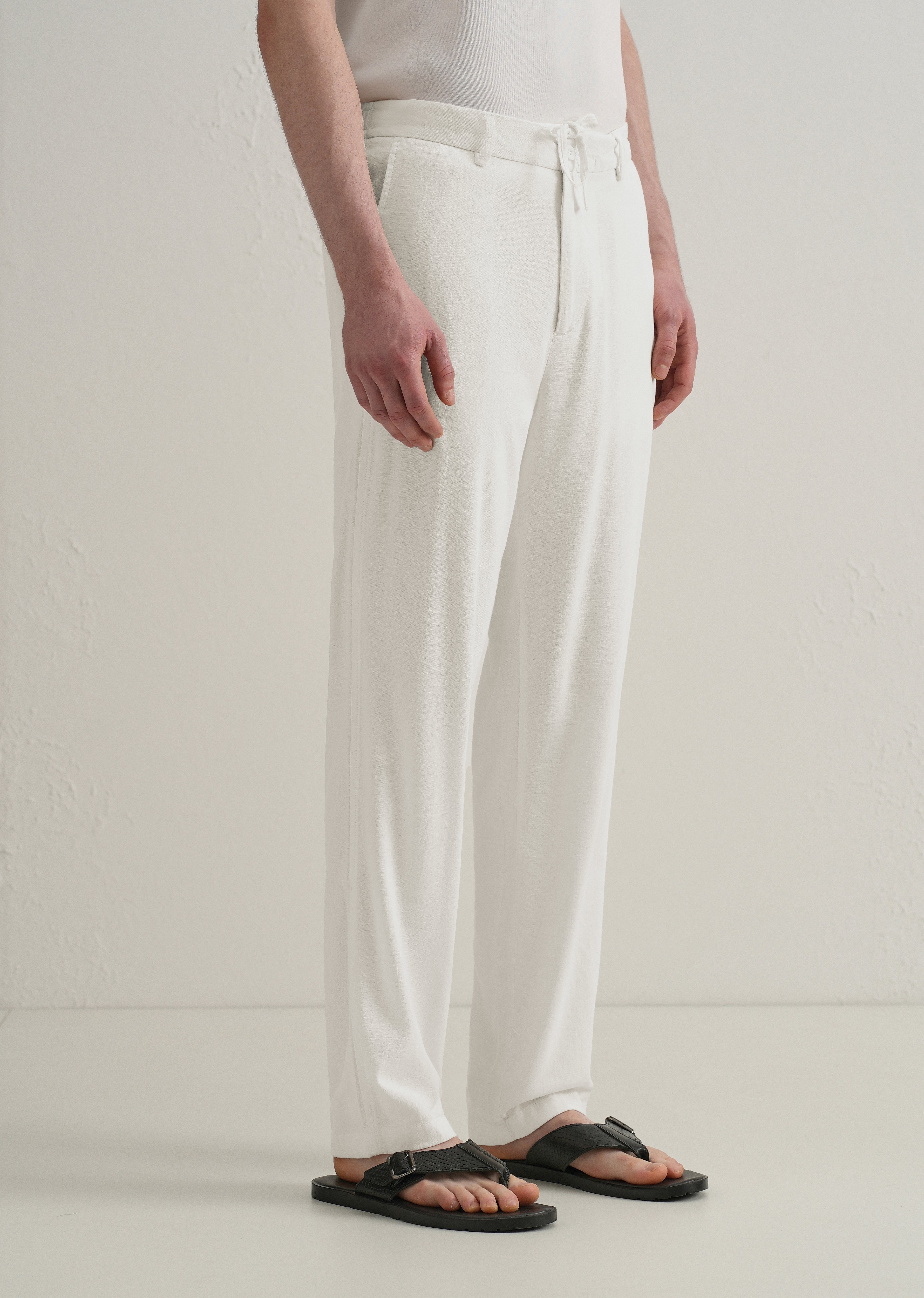 White Relaxed Fit Blended Linen Trouser