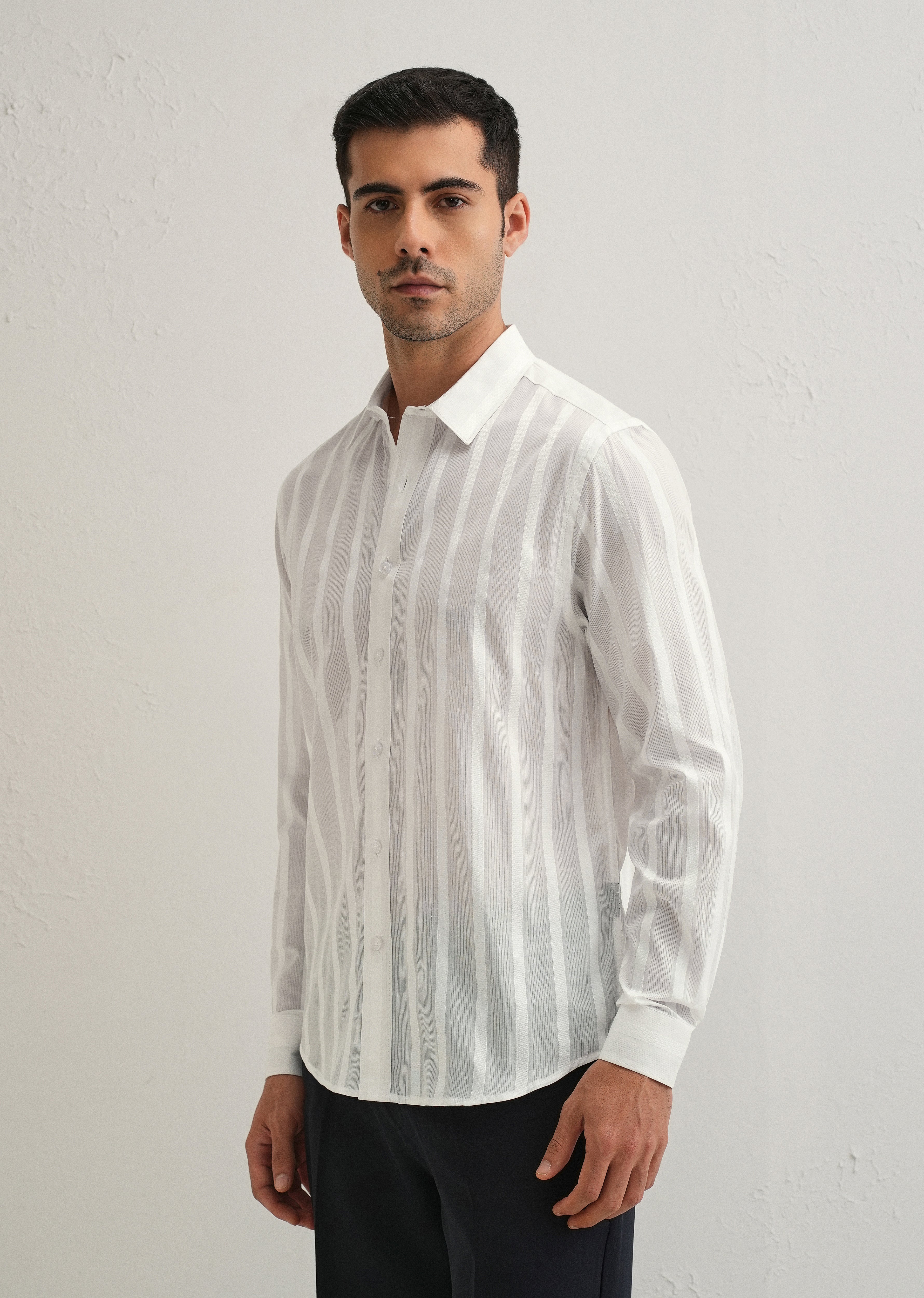 White Self Pattern Blended Cotton Shirt