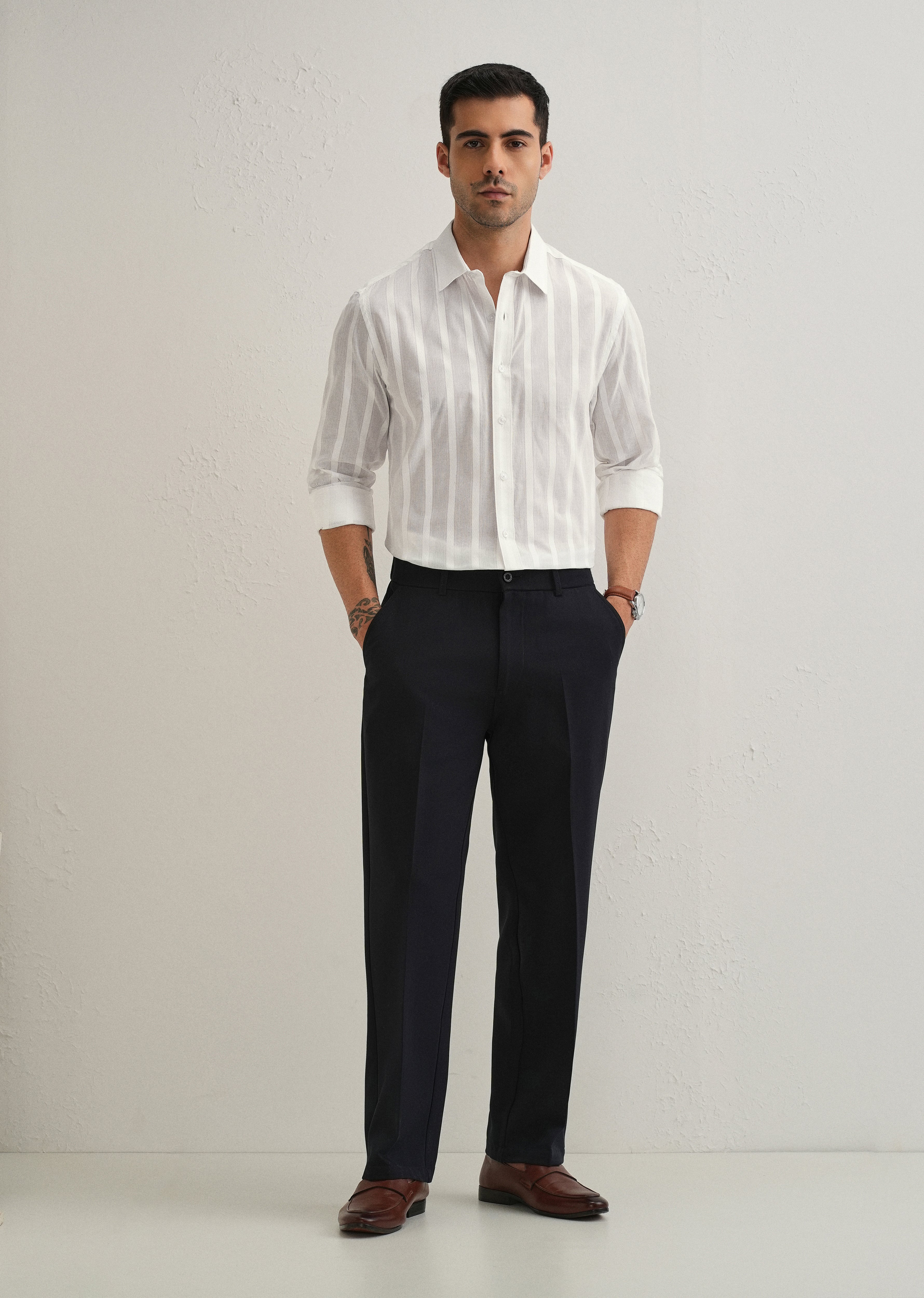 White Self Pattern Blended Cotton Shirt