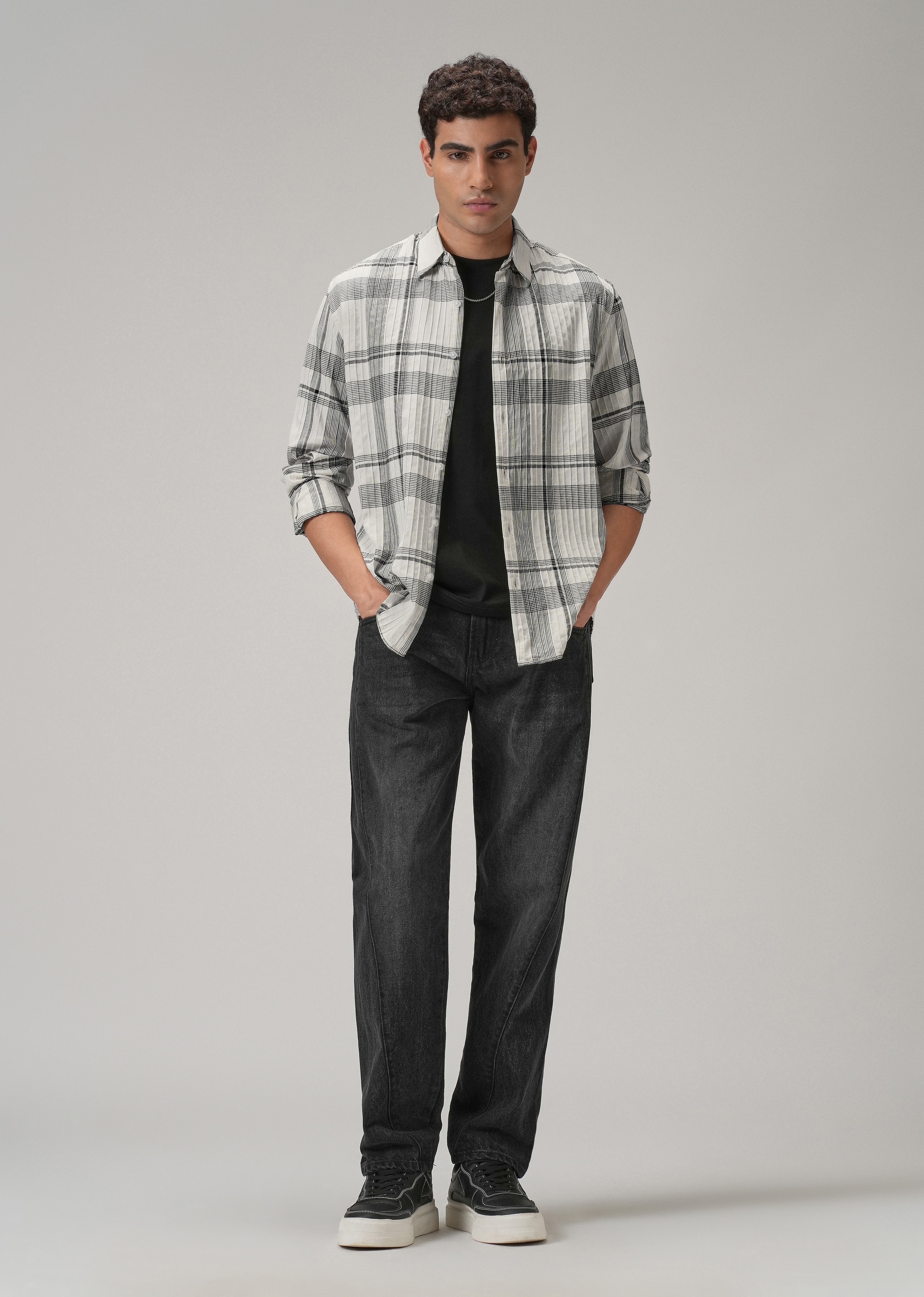 Self Pleat White Check Shirt