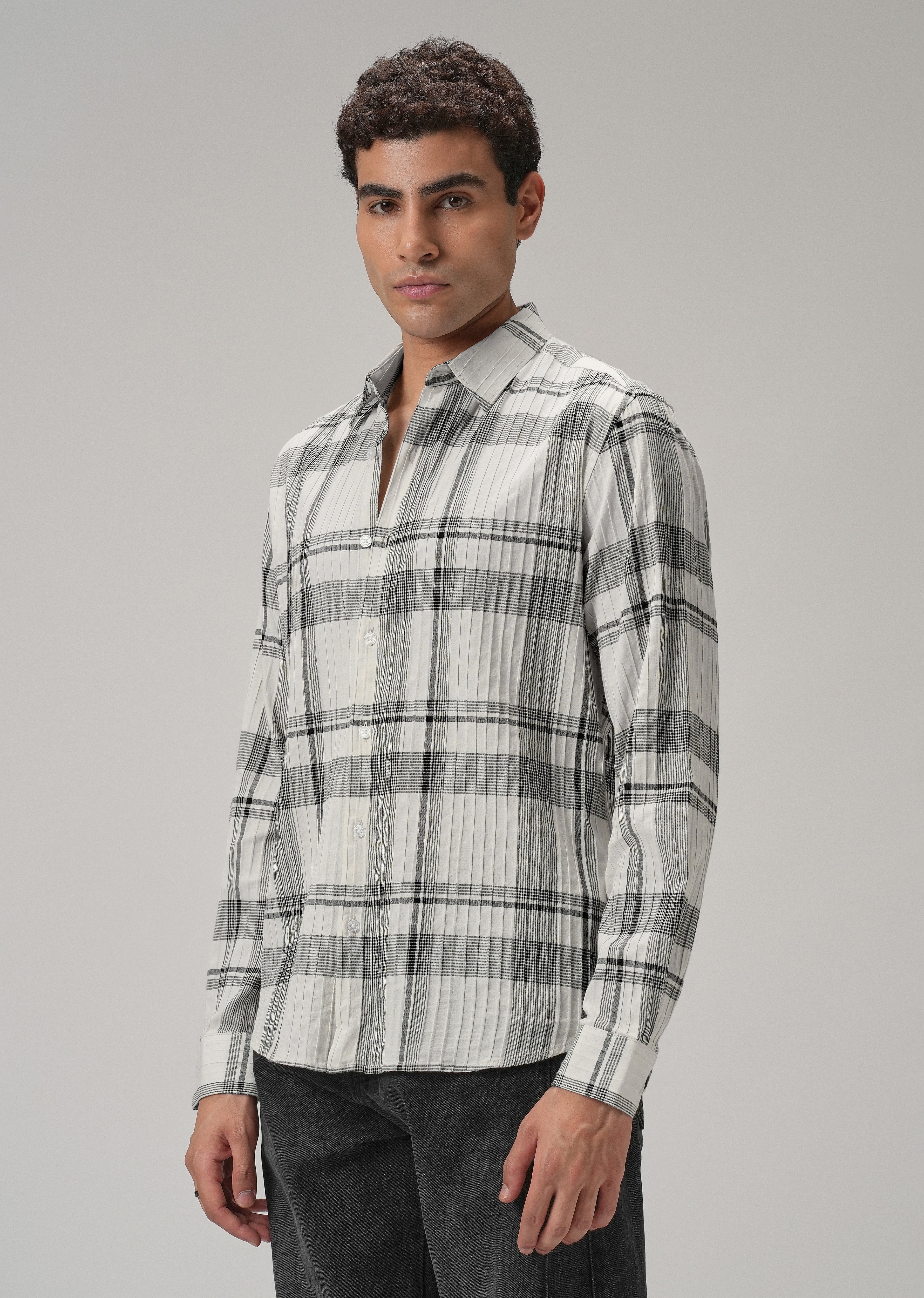 Self Pleat White Check Shirt
