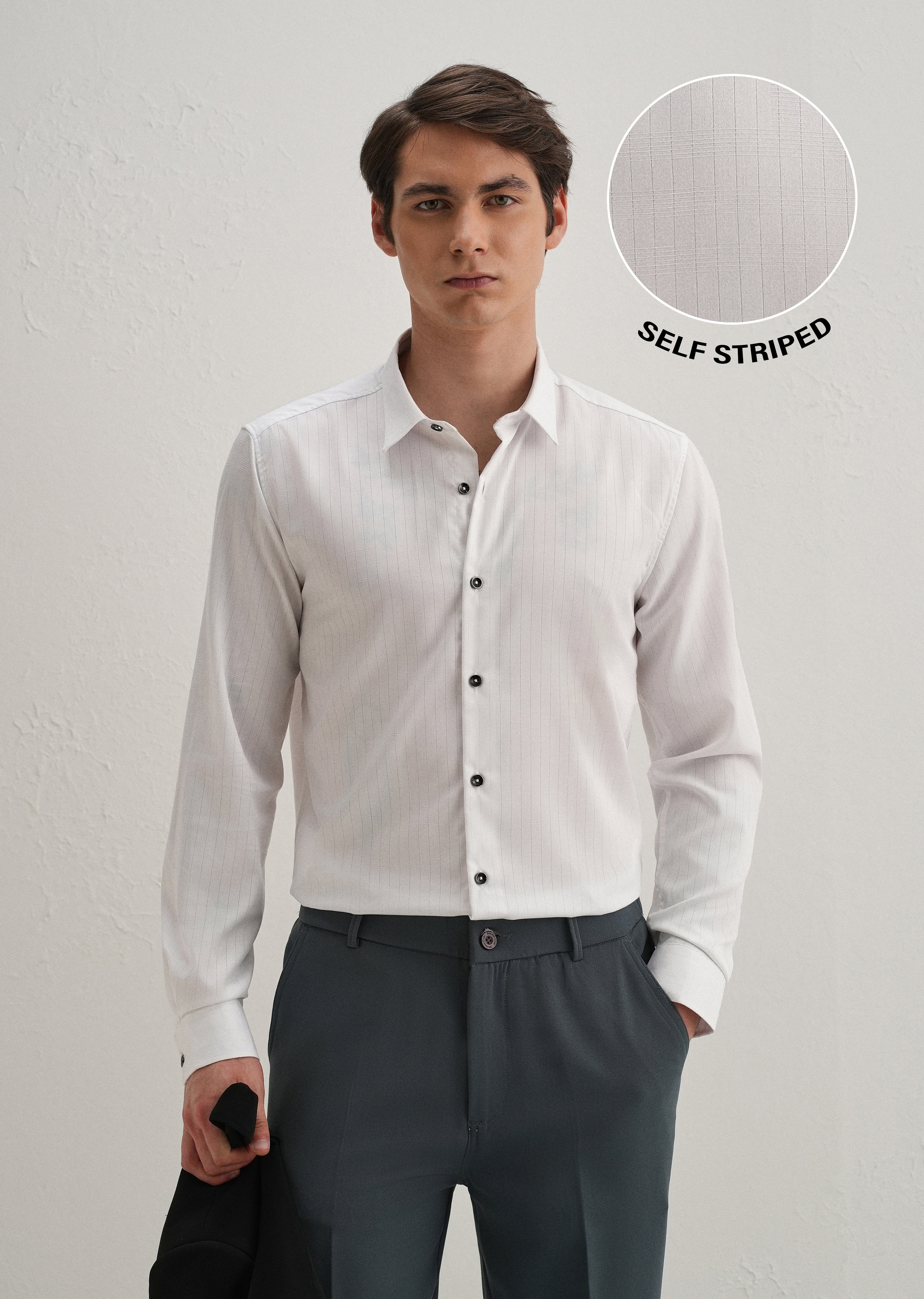 White Self Striped Plain Shirt