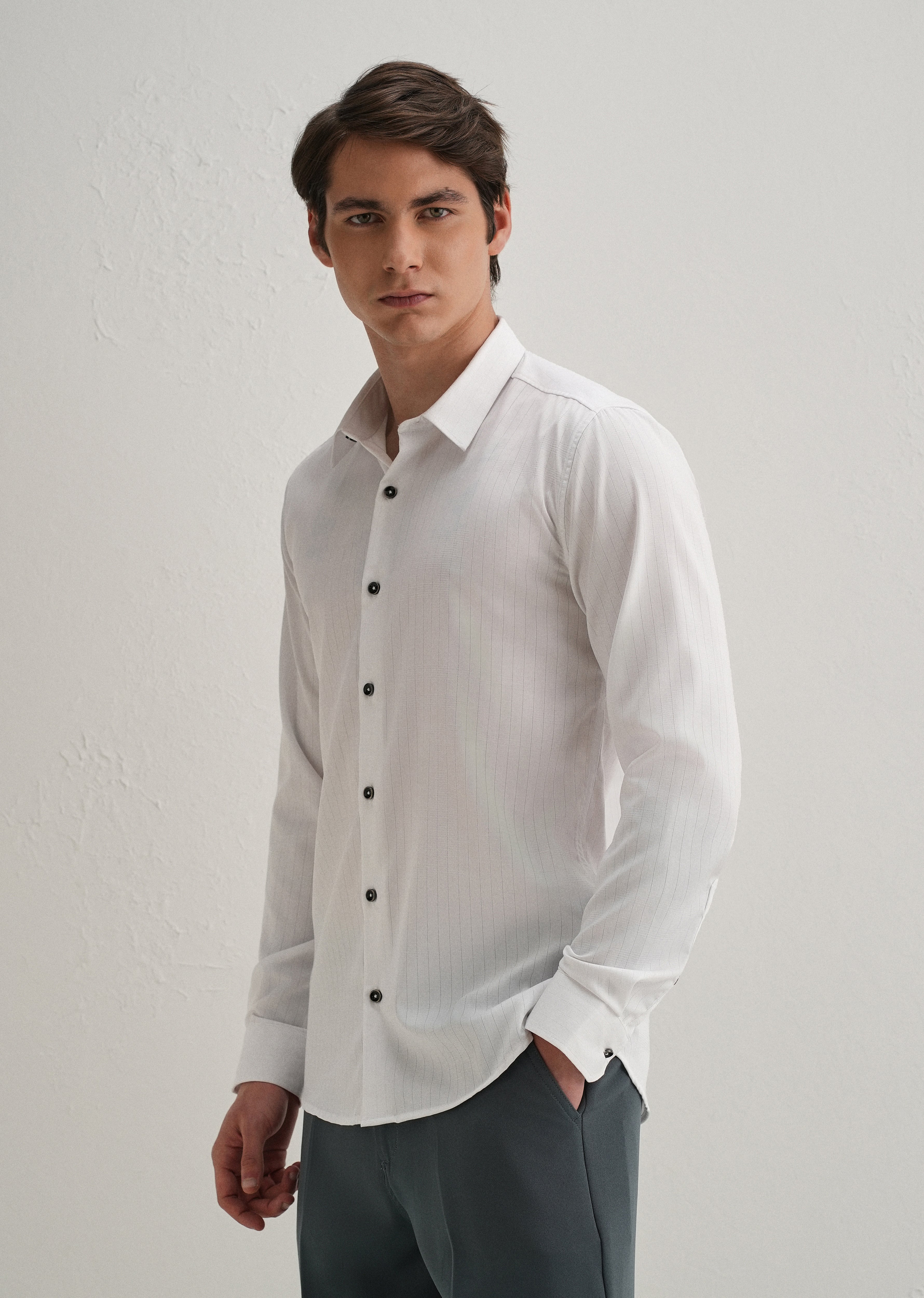 White Self Striped Plain Shirt