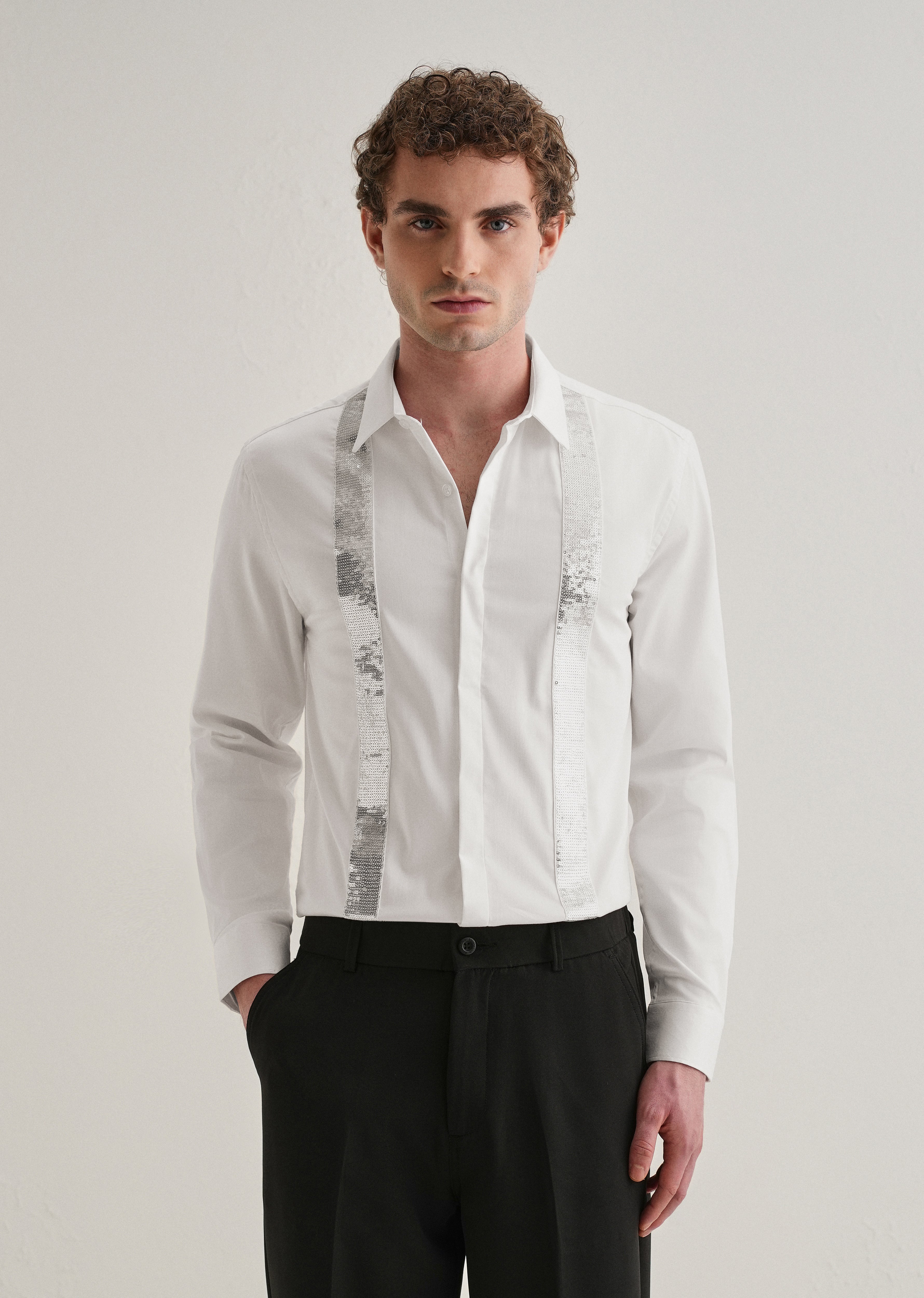 White Sequence Panel Designer Shirt