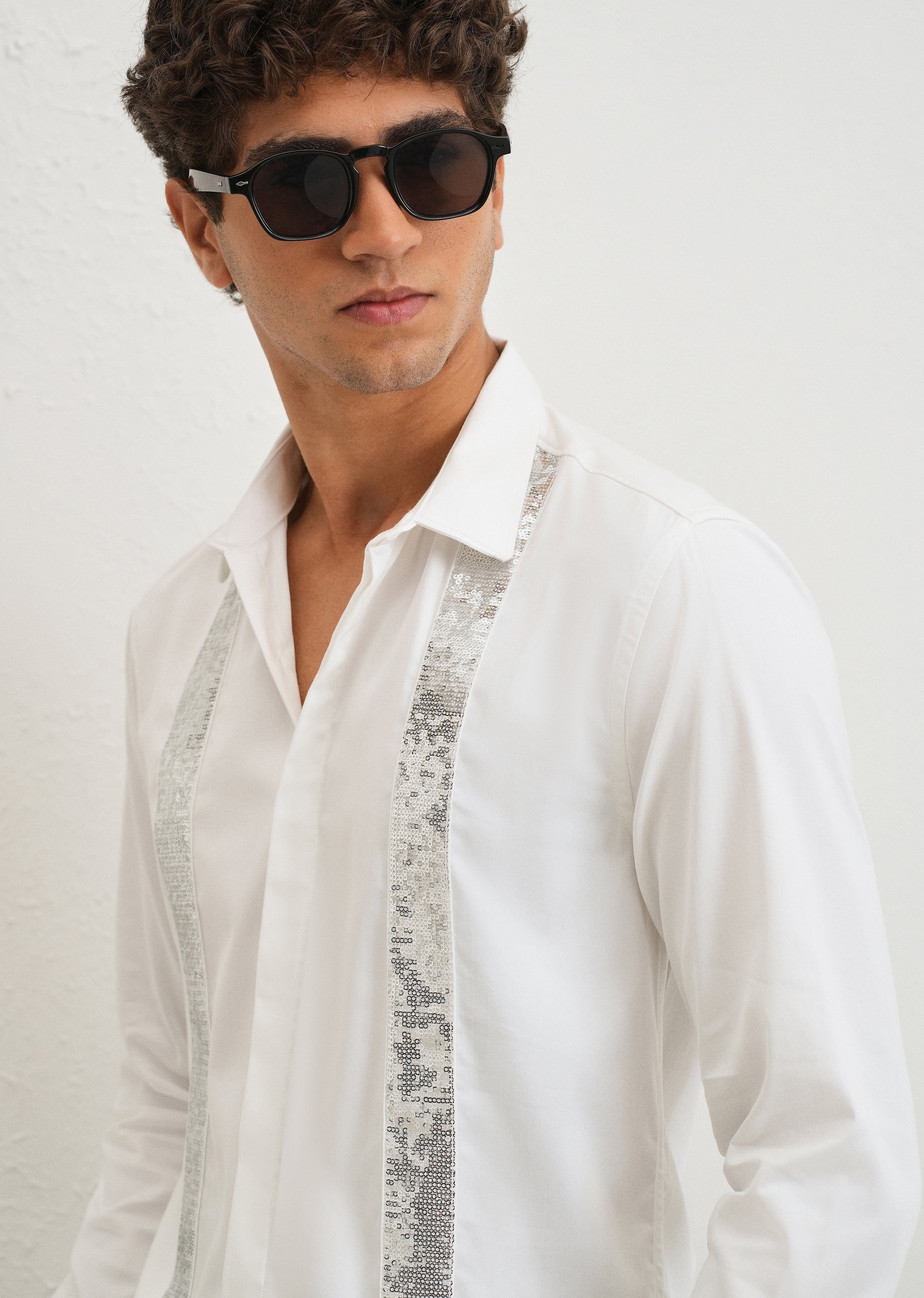 White Sequence Panel Designer Shirt