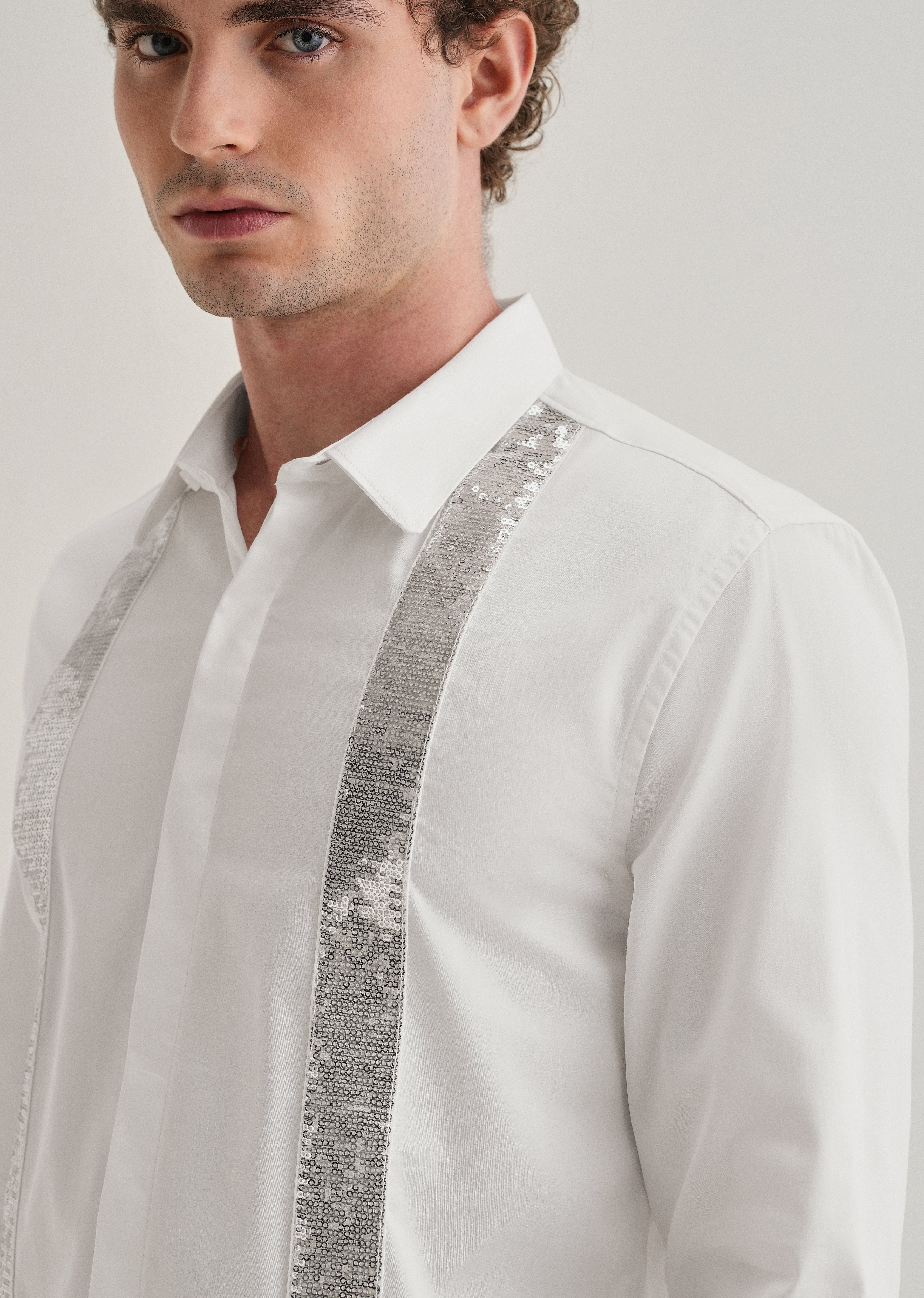 White Sequence Panel Designer Shirt