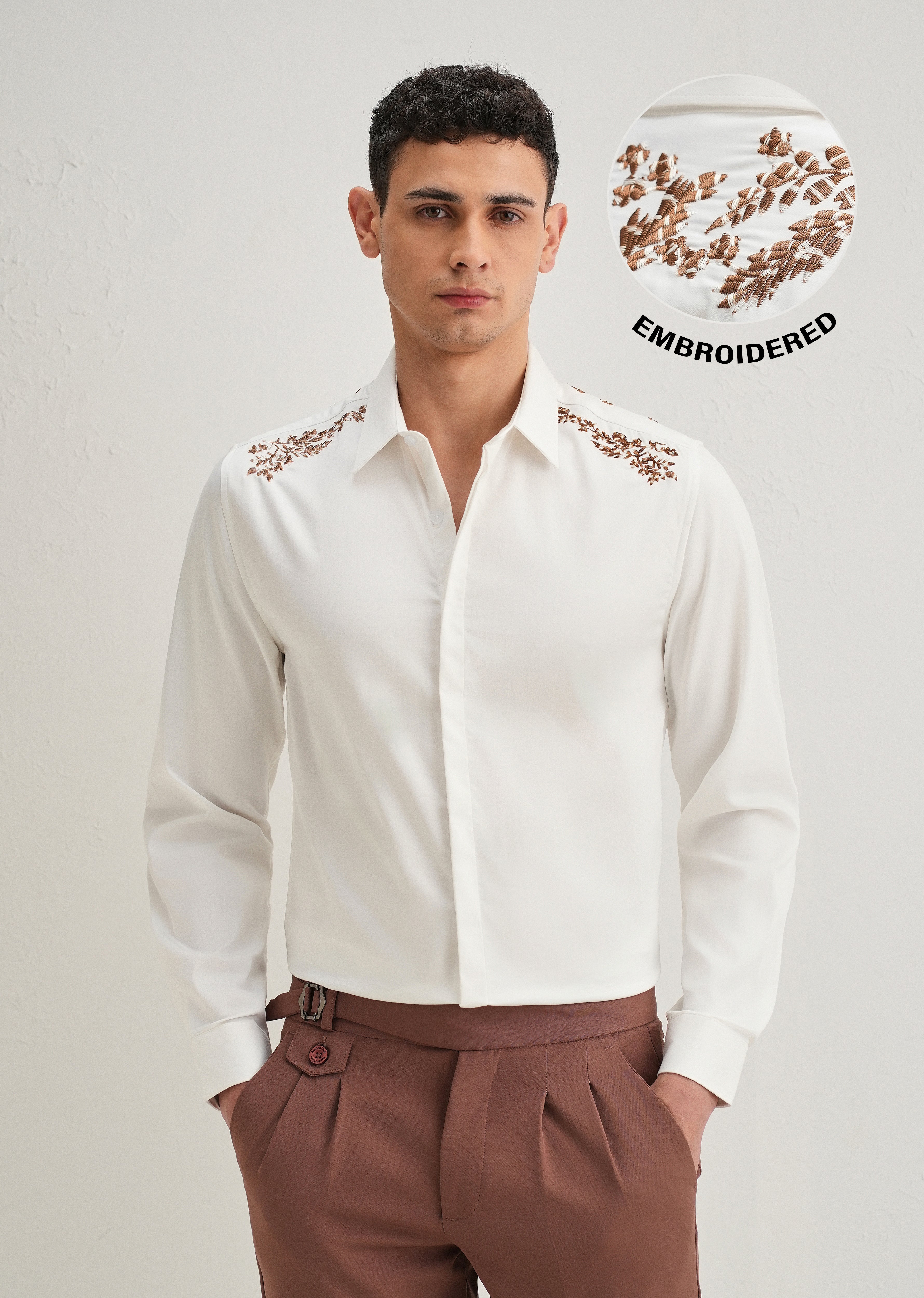 White Shoulder Embroidery Designer Shirt