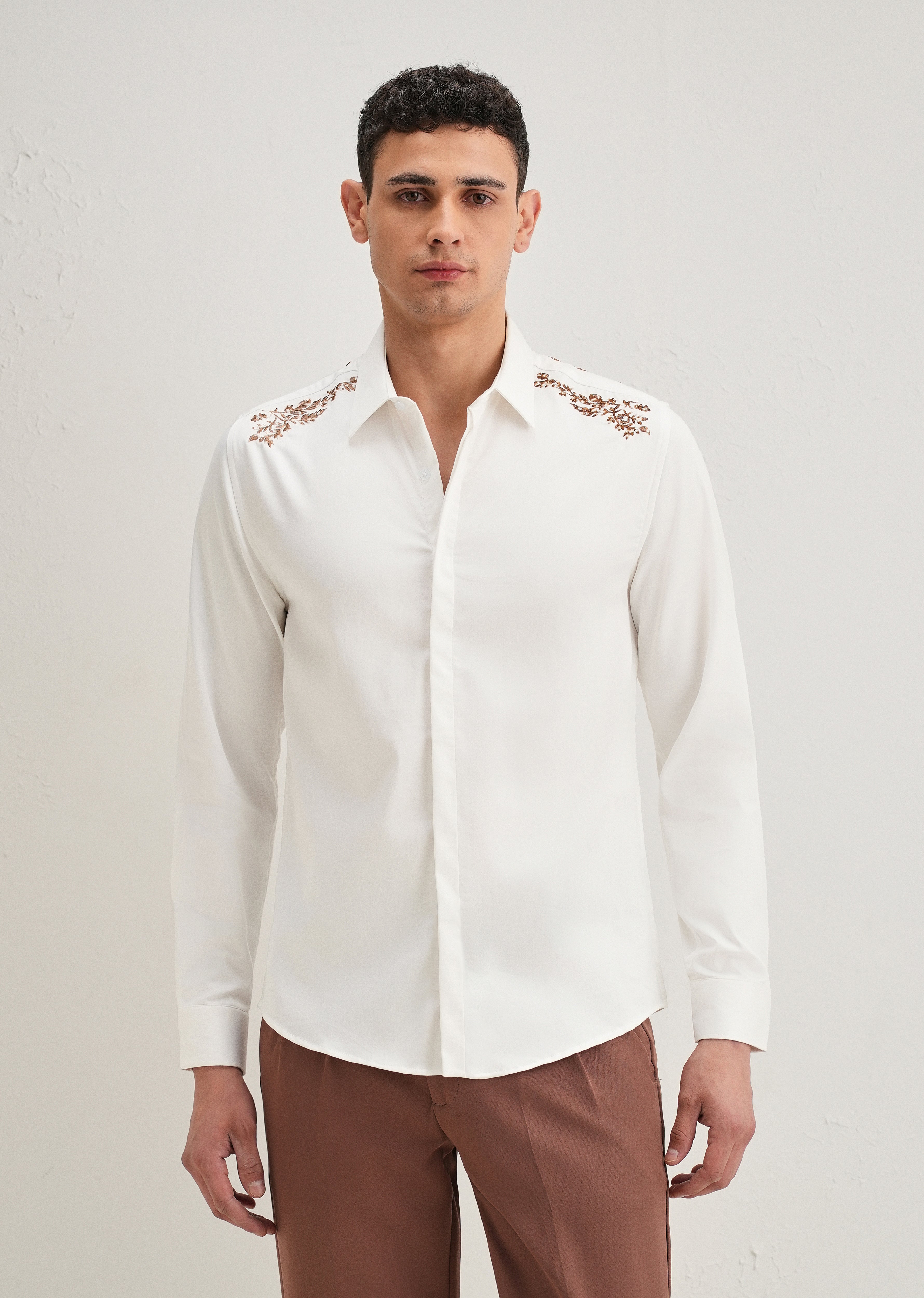 White Shoulder Embroidery Designer Shirt
