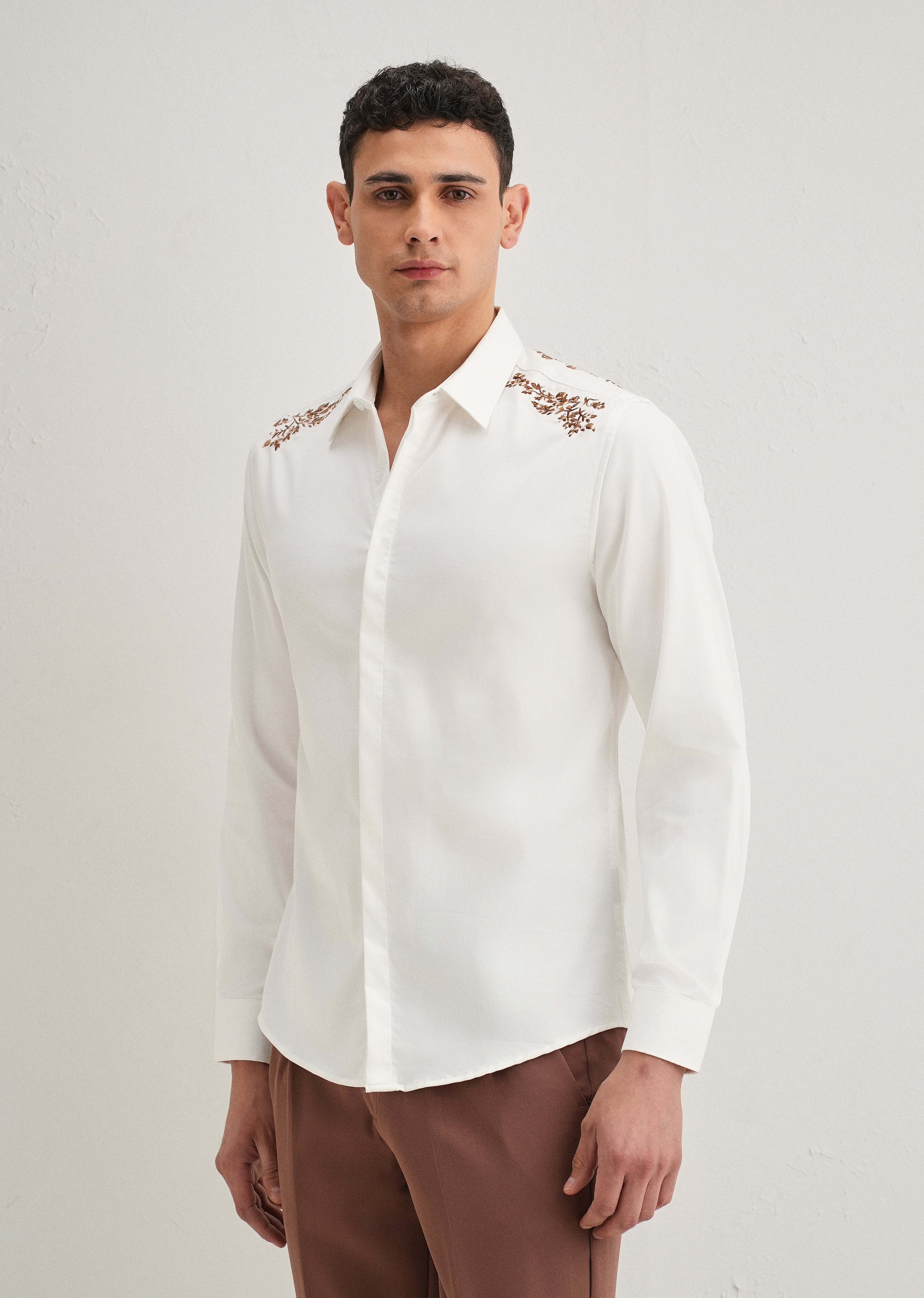 White Shoulder Embroidery Designer Shirt